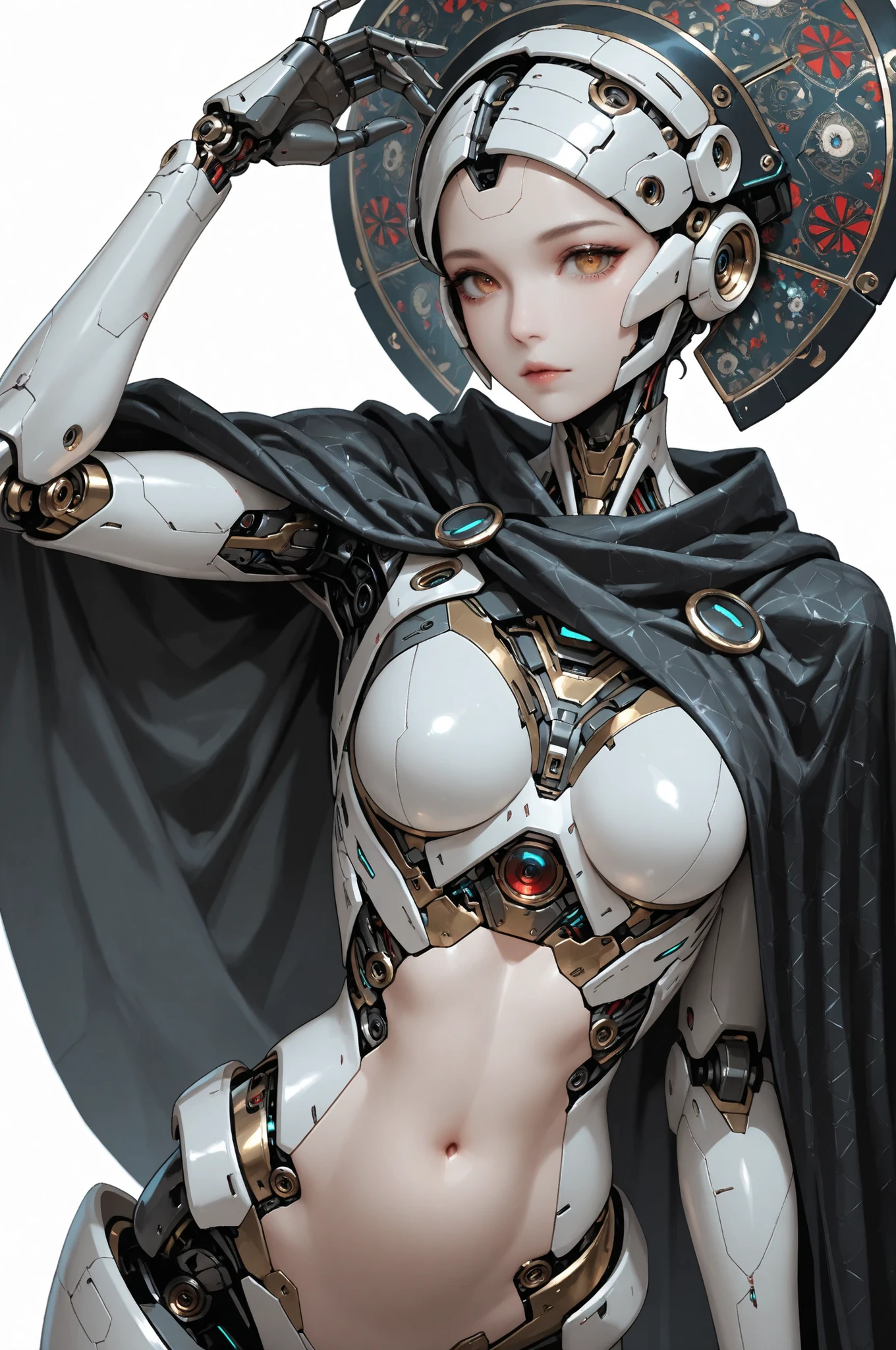 android, robot, cyborg, 1girl, headdress, black cape with pattern, Futuristic robot, beautiful cyborg girl, (((tummy is exposed))), white background, looking at viewer, hand up