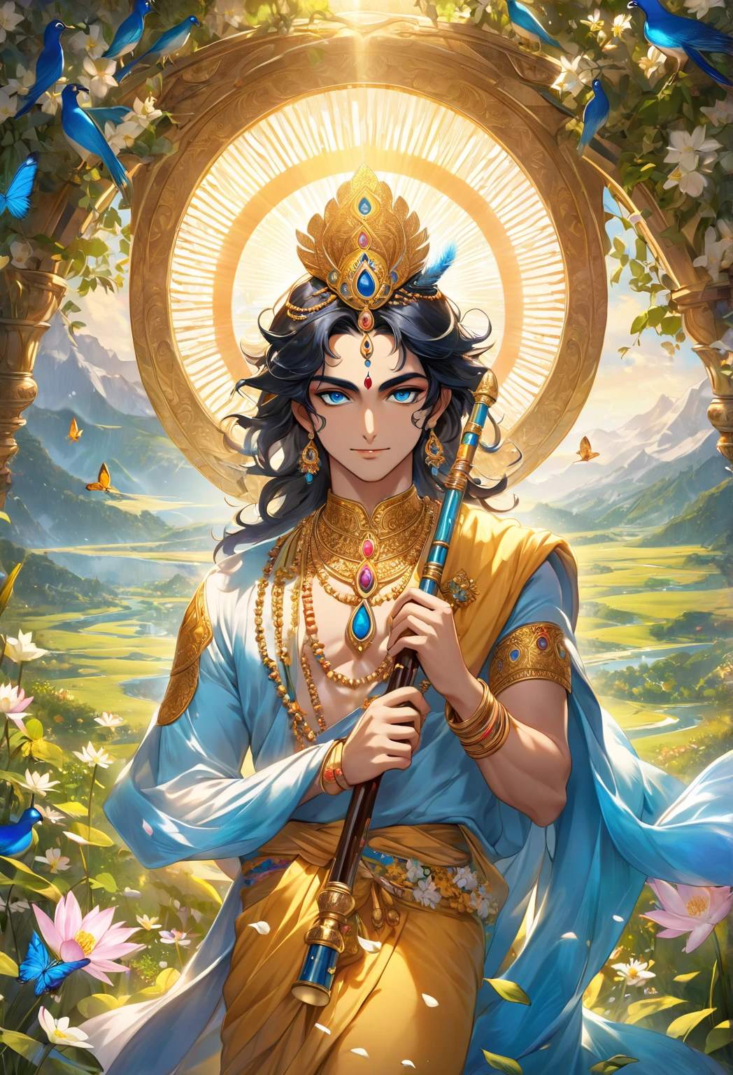 (masterpiece, top quality, best quality, official art, beautiful and aesthetic:1.2), (Lord Krishna), extreme detailed,(fractal art:1.3),colorful,highest detailed, closeup shot, peacock feathers, smiling