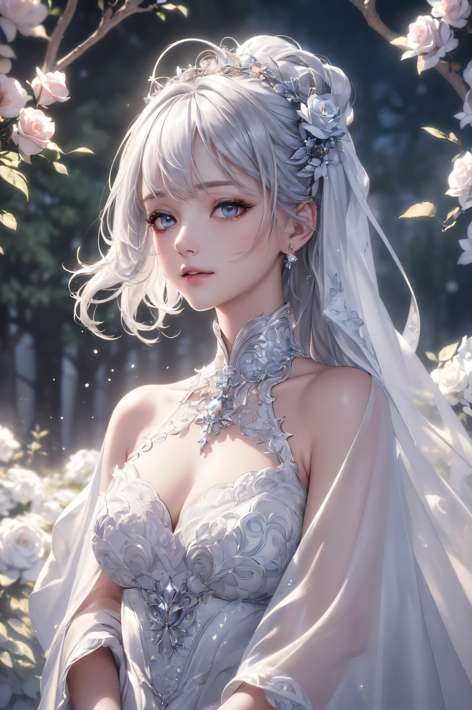 (Highest quality)),(Ultra-high resolution),(Super detailed),(Detailed Description),((The best CG)),(masterpiece),Highly detailed art,(Art with precise details:1.5), (Woman in a pure white dress:1.3),Beautiful profile:1.4,Sparkling Jewelry:1.2, (White Rose:1.3),(Sculptural works:1.6)