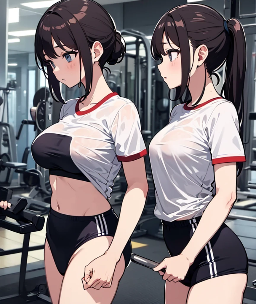 วอลล์เปเปอร์ CG Unity 8k ที่very detailed,best quality,Masterpiece,very detailed,1 girl,Japanese woman,(Medium bust:1.2),side chest,The body is toned and charming.,(tank top:1.3),(hot pants:1.3),ponytail,brown hair,(Sweating in the chest),side view,(Fitness:1.3),((Gym:1.2)),