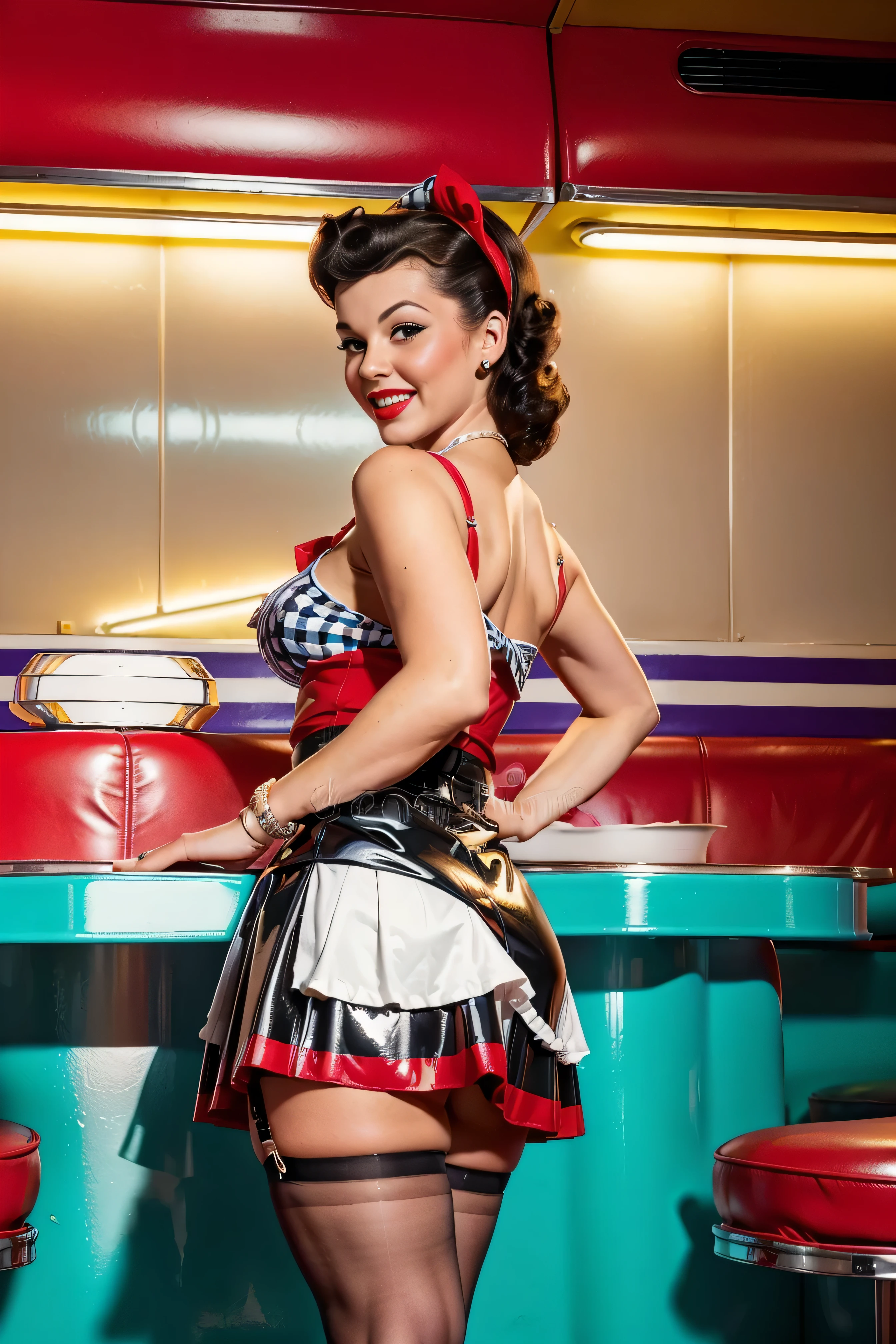 (medium full shot) of (stylish rockabilly) young woman, lithe build, long dark bun hair, mexican, mahogany skin, brown eyes, wearing a yellow knee-length dress , loafers with chic design, red lipstick, bangle bracelets leather belt, set in a classic jukebox setting, with vintage jukebox, retro decor, stylish seating, lively atmosphere, and colorful lighting, at night, woman smiling, detailed face, ,Masterpiece,best quality, photo, realistic, very aesthetic,