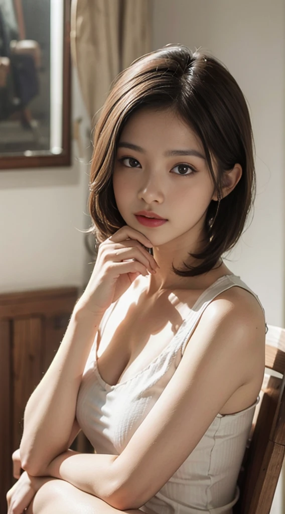 (Masterpiece, best quality:1.4), Beautiful face, 8K, 85 mm, vanity, ((Dark bedroom in hotel))、(Wear a thick white bathrobe.:1.4), ((cowboy shoot:1.5))、((Taken from below.:1.4))、((medium sized breast:1.4))、((Breast cleavage:1.4))、delicate young woman, alone, black long hair, (((long:1.5)))、((Pose like a professional model.:1.4))、nighttime, look at viewer, upper body, Film texture, Chromatic aberration, Sharp focus, Headlight, professional lighting, seasoned, (He looked at me with a confused expression.:1.4), ( background, Bokeh background:1.2), profile face、Showing teeth and smiling. 