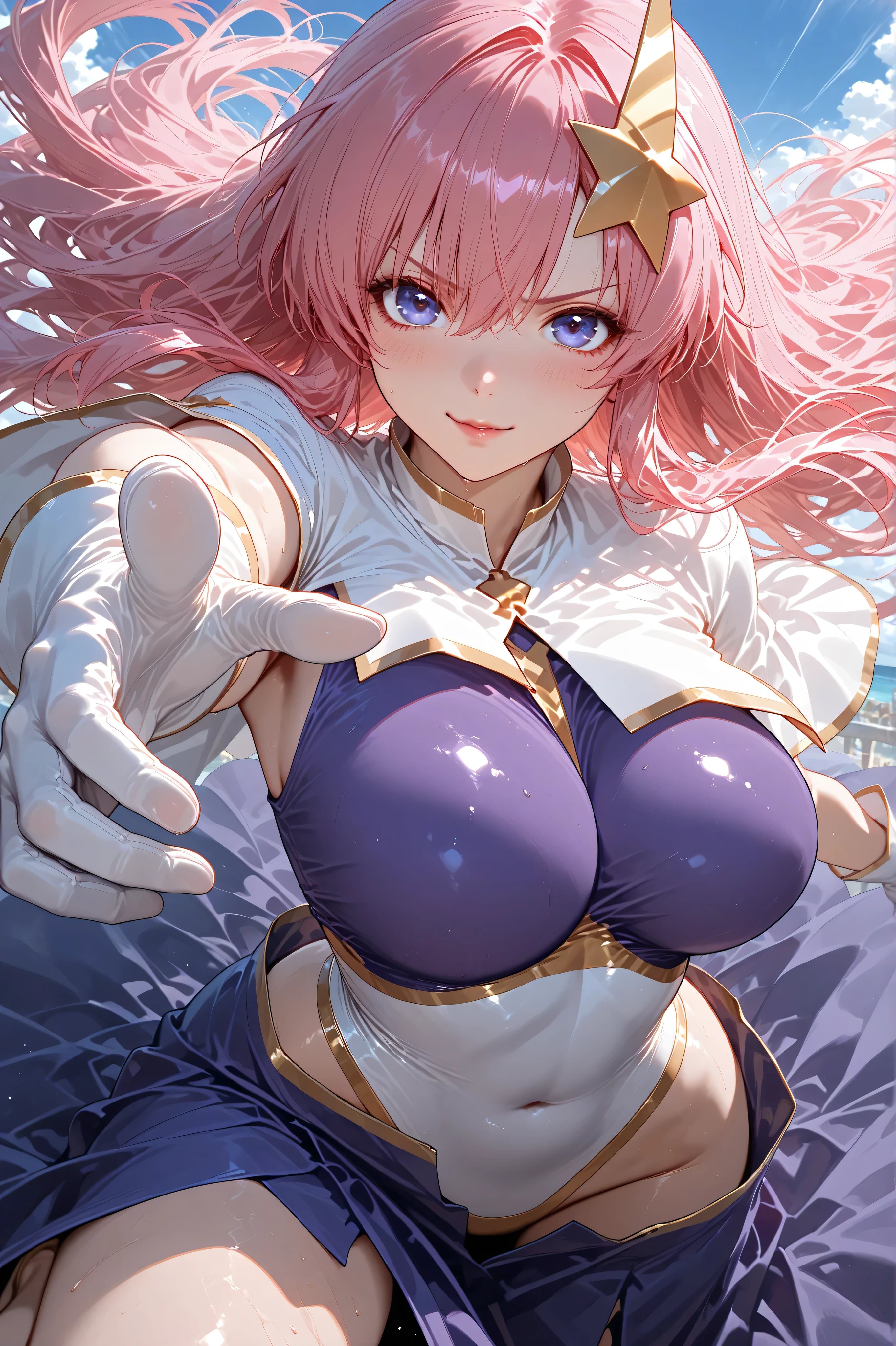 nsfw, (Perfect Anatomy)、Mastepiece、Ultra High Quality、 8k、masterpiece、Highest quality、Ultra-high resolution、Maximum resolution、Very detailed、Professional Lighting、anime、woman、thin、Very beautiful face、Very beautiful eyes、(Highly detailed eye)、Highly detailed face、Blonde, (ahoge), wavy hair, Pink eyes, (gold hair random dip-dye hair), stomach cutout, thigh boots, high heels, white mini pencil skirt, white off shoulder, makeup, eyeliner, eye shadow, pink cheek, pink lips, full body, sitting in the lotus position
