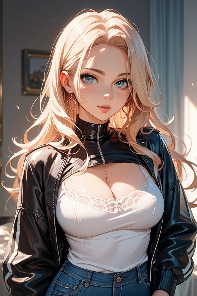 Busty blonde maid. Low cut. Facing camera.
