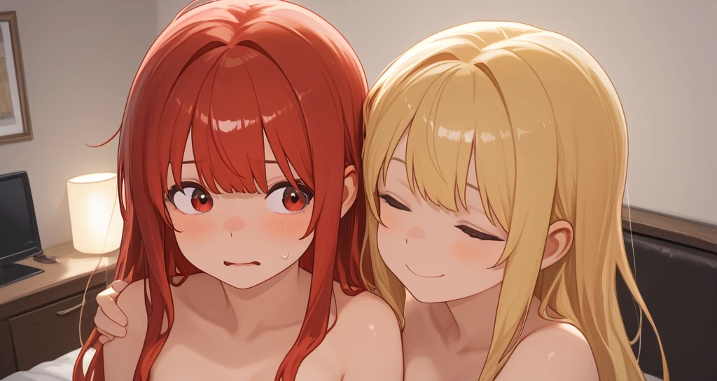 Highest quality、super high quality、16K, Delicious big breasts、woman２people、Facial expressions are random、 nude、The location is the beach、 Palm tree、cloud、The pose is random、 Her hair color is red、Hair length is random、The angle is from below、Close-up shot of the subject、Small face、Very delicate facial expressions、Delicate eye depiction、Highly detailed hair、Erotic、18歳のwoman、Glowing Skin、Soft Skin、womanモデル2people