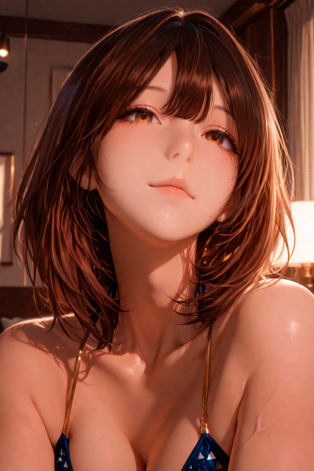(masterpiece, face focus,: 1.3), (8K, Raw Photography, Top Image Quality: 1.4), gravure, 16yo Japan high School Girl, showing Cleavage of the large Breast:1.2, Super Detail Face, Eye of Detail, Double Eyelid, Bring Your chest Together, Sharp Focus:1.2, Pretty:1.4, dark Brown Hair, Top-Quality, Super A High Resolution, (Photorealistic: 1.4), Highly Detailed and professional lighting smile, loose and light knitwear, strapless, shoulder out, slender body, natural facial expression, short hair, fatal position