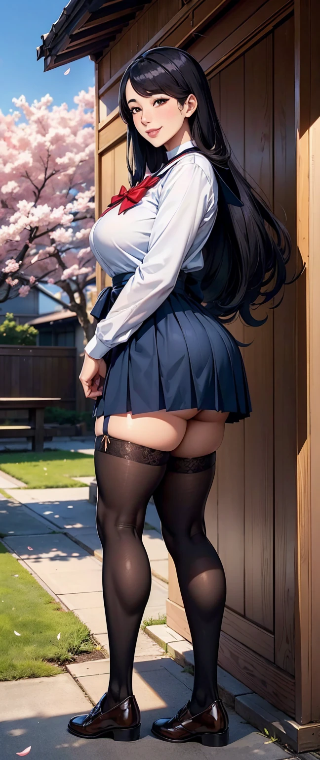 NSFW, (masterpiece, best quality, photo realistic, official art:1.4), (UHD, 8K quality wallpaper, High resolution, RAW photo:1.2), (shiny skin), Cinematic lighting, physically-based rendering, Award-winning, highly detailed skin, Carl Zeiss 85 mm F/1.4, BREAK, 1girl, solo, very cute 18-year-old Japanese schoolgirl, (glossy black hair, high ponytail:0.8), (wearing Japanese school uniforms, pleated Skirt:1.5), (stretch two arms to touching knees, lean forward:0.8), (narrow waist, hip emphasized, beautiful shaped medium hip, well shaped hip line, thick thighs), (white panties visible, cameltoe:1.3), (black thigh-high socks, zettai ryoiki:1.5), (sneakers:0.5), lean forward, BREAK, standing at garden in university, summer daytime, depth of field, (thigh gap, thigh focus:1.5), (lower body shot, extreme close shot, view from behind, view from below:1.5),