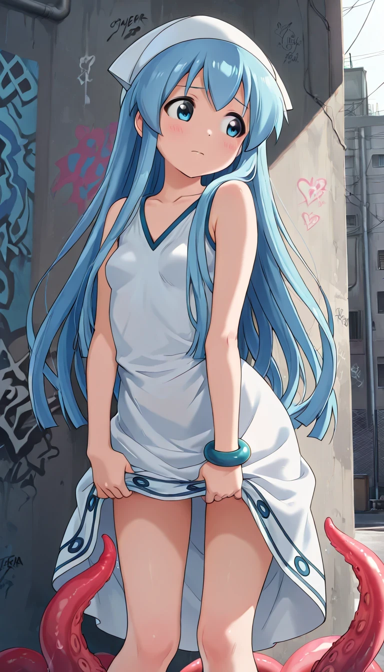 newest, masterpiece, better quality, 4k,
interiores, very aesthetic, detailed background,
1girl, Alone, Hair with tentacles Ikamusum3, long hair, blue hair, tentacle hair, blue eyes, has, joyería, bracelet, Dress, graffiti alley , lifting her skirt showing