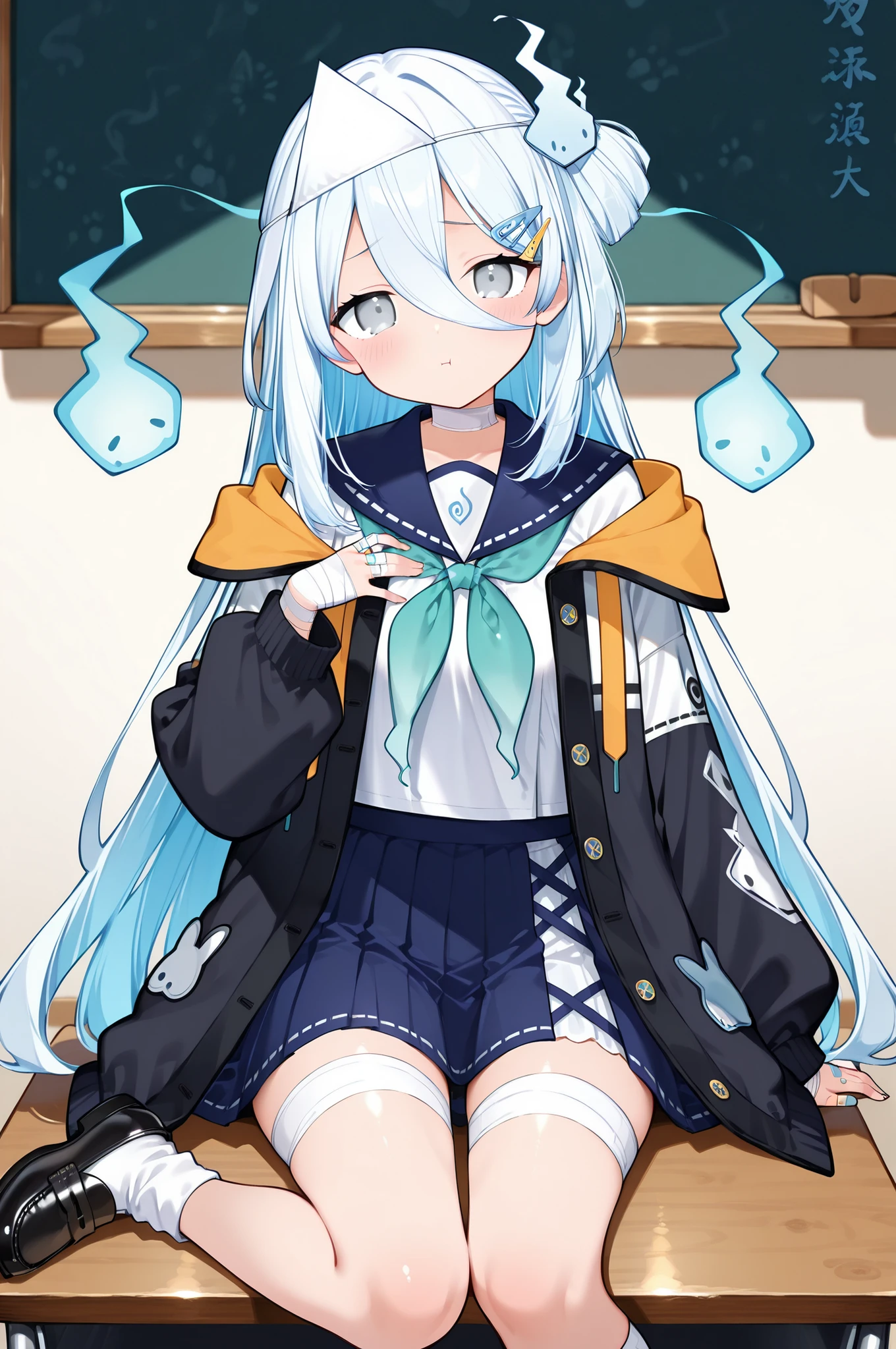 1girl ,:t ,suzutuki sui ,aqua neckerchief ,bandaged hand ,bandaged leg ,bandages ,bandaid ,bandaid on hand ,black shoes ,blue hair ,blue sailor collar ,blue skirt ,blush ,breasts ,chibi ,ghost hair ornament ,hand on own breast ,grey eyes ,hair between eyes ,hair ornament ,hairclip ,head tilt ,hitodama ,hitodama hair ornament ,inner thighs ,jacket ,loafers ,long hair ,long sleeves ,looking at viewer ,neckerchief ,open jacket ,parted lips ,pout ,raised eyebrows ,sailor collar ,school uniform ,serafuku ,skirt ,solo ,socks ,sitting ,triangular headpiece ,virtual youtuber ,white hair ,white socks ,masterpiece, best quality, ultra detailed ,
