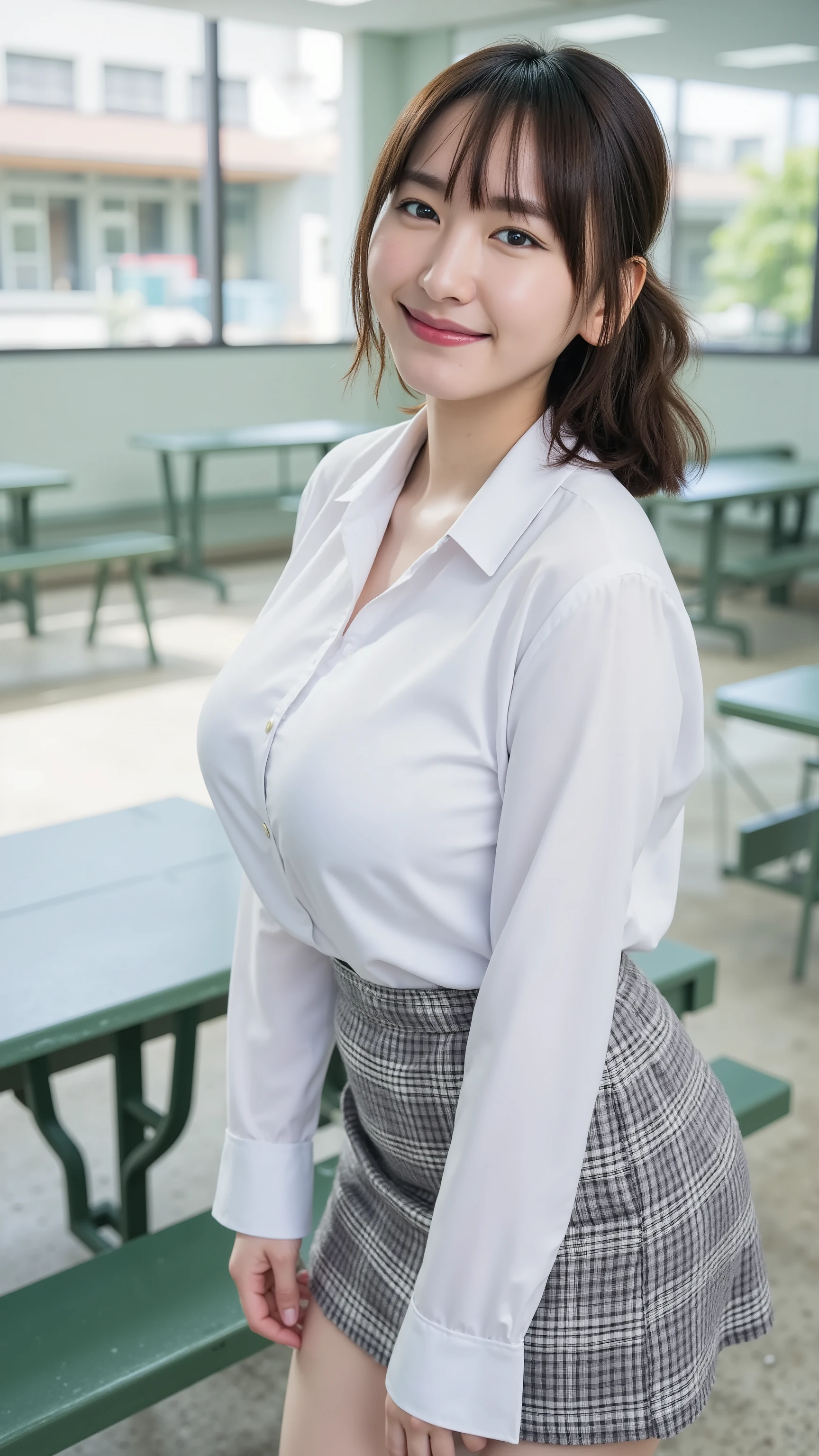 REAL HIGH QUALITY PHOTOS OF JAPANESE WOMEN, beautiful girl (((big breasts , big breasts , nsfw))) , best quality, 20 year old Japanese schoolgirl standing near green metal table,  She's wearing a white shirt(((small breasts , small breasts , nsfw)), She's wearing a plaid skirt、The hem of the skirt is raised higher,  her long black hair tied in a ponytail . She looks directly at the camera with a playful Full Smile. The table and bench are outdoors , The background is a school building . [ digital art , PORTRAIT STYLE, soft focus, The color is dull, natural light,  with slight vignette effect]