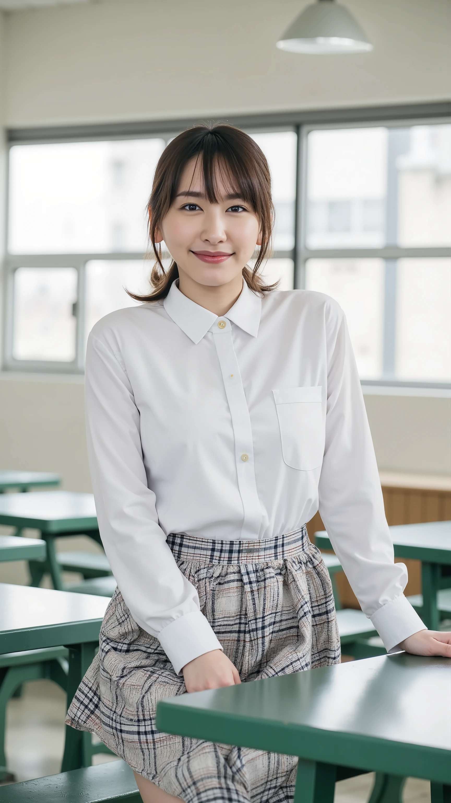 REAL HIGH QUALITY PHOTOS OF JAPANESE WOMEN, beautiful girl (((big breasts , big breasts , nsfw))) , best quality, 20 year old Japanese schoolgirl standing near green metal table,  She's wearing a white shirt(((small breasts , small breasts , nsfw)), She's wearing a plaid skirt、The hem of the skirt is raised higher,  her long black hair tied in a ponytail . She looks directly at the camera with a playful Full Smile. The table and bench are outdoors , The background is a school building . [ digital art , PORTRAIT STYLE, soft focus, The color is dull, natural light,  with slight vignette effect]