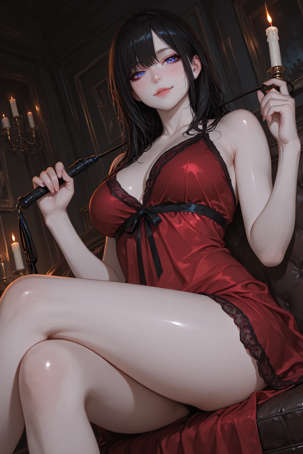 a picture of a female vampire in an infinity pool of blood watching the city at night, (Masterpiece, intense details: 1.5 ), exquisite, dreadful beautiful vampire, long black hair, intense green eyes, evil smile, fangs, busty sitting near a large infinity pool of dark ((red blood: 1.2)) there are  stone steps leading to the pool, lit by candles, elegant pool rim, (falls of blood fill the pool: 1.3), there is a crystal glass of wine near the vampire, she is wearing glamour black bathing suit, high detail, Conceptual art, Realism, cinematic lighting, moon light, reflection light, from side, panorama, ((anatomically correct:1.5))Ultra-Wide Angle, Wide-Angle, award winning, best quality, high quality, high details, highres, vibrant, Ultra-high resolution, High Contrast, (masterpiece:1.5), highest quality, Best aesthetics), best details, best quality, highres, ultra wide angle, 16k, [ultra detailed], masterpiece, best quality, (extremely detailed), Blood_Covered, vampire teeth, hud_s1n, short black dress, long sleeves, veil, thighhighs