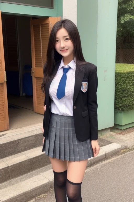 (8K), (highest quality: 1.2), (realistic), (realistic: 1.37), ultra high resolution, (1 girl), cute, smile, closed mouth, beautiful details, beautiful nose, wet hair, giant dulcefo, pork, thighs,self snap,University Student Uniform,simple blazer,pleated skirt,(The pattern of the skirt and tie is a tartan check pattern...:1.3),(sitting:1), sit on the ground,(hugging own legs:1),opaque tights,from the front, pantyhose