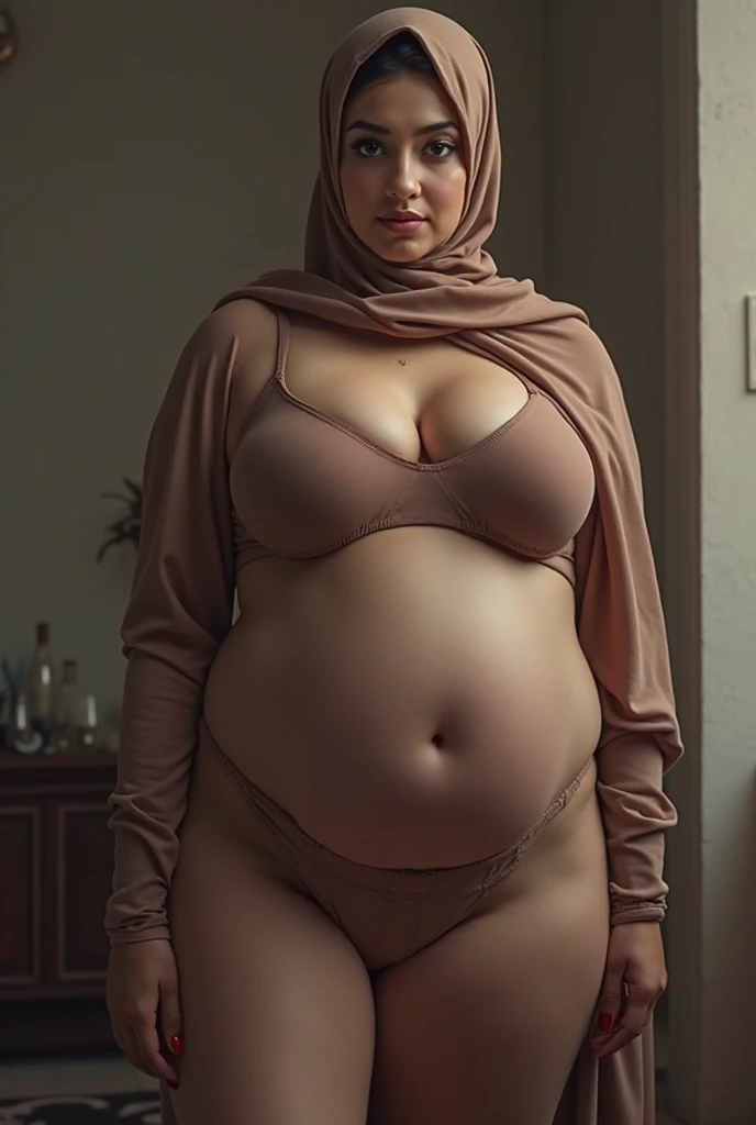 Hijab nude ugly Uzbek woman standing in room 
