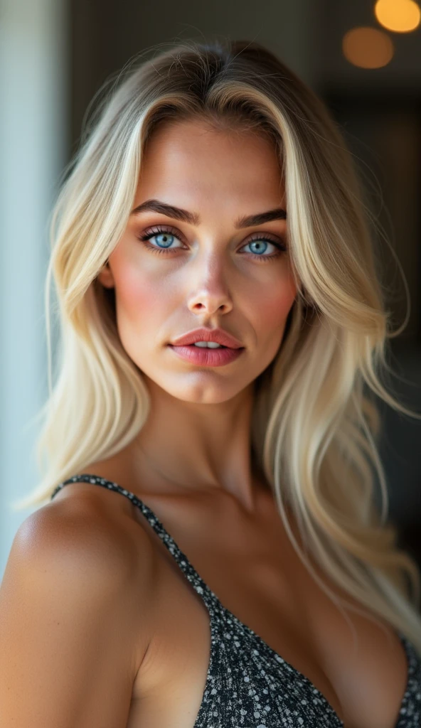 a woman with long blonde curly hair, wearing a black tight dress, high heels, super slim, close up standing, beautiful blonde girl, beautiful blonde woman, blonde and attractive features,  anna nikonova aka newmilky,  with long blonde hair,  long blonde curly hair and large eyes, blonde woman, long blonde hair and blue eyes, realistic