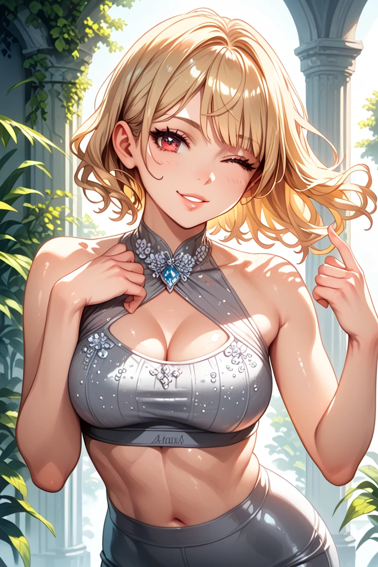 masterpiece, best quality, <lora:mitsuki-nvwls-v1-000009:0.9> mitsuki, red eyes, choker, (black tank top:1.4), strapless, belt, shorts, large breasts, crossed arms, japanese architecture, looking at viewer, cowboy shot, grin, furrowed brow, portrait, close-up