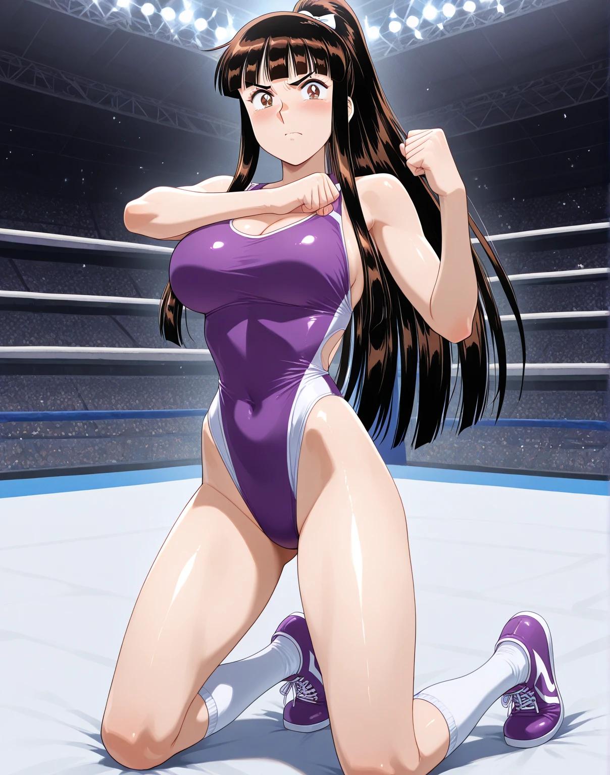 masterpiece, super fine illustration, best quality, light particles, ultra detailed, perfect anatomy, Japanese anime style, 8K, (woman), big breasts, ((black long hair)), shiny hair, shiny skin, oily skin, beautiful face, ((white) leotard, wrestling boots:1.2), (nipples), (orgasm face, beautiful purple eyes, shiny eyes, big eyes), blush cheeks, (arched back), (vaginal penis:1.2), (man:1.3), (sit astride on man), (girl on top), (cowgirl position:1.2), (rodeo:1.2), hetero, man in below, (intense Sex:1.7), (cum out:1.2), nsfw, stage, wrestling stage, crowd, illumination, shadow,pubic hair