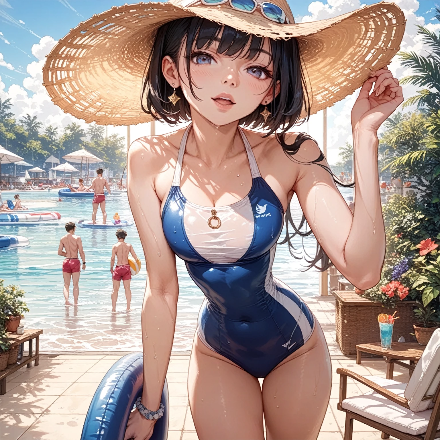 masterpiece, best quality,meteorolite
cloud, swimsuit, 1girl, full body, far shot, bikini, sky, side-tie_bikini, barefoot, breasts, solo, blue_sky, looking_at_viewer, cloudy_sky, blue_bikini, sitting, long_hair, navel, day, front-tie_top, building, front-tie_bikini, off_shoulder, bare_shoulders, legs spread --auto --s2