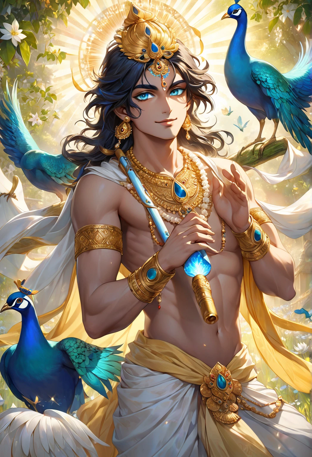 (masterpiece,best quality), , Indian God like man lord muruga's face looking at viewer, {long black hair}, (wavy hair:0.8),, {Athletic young beautiful man in fair brown white skin tone with profound jawline and black eyes} , {standing on a lucious hill top with make peacock dancing next to him}, , {fantacy},, {dawn}, , {black eyes},, {smile|happy face},