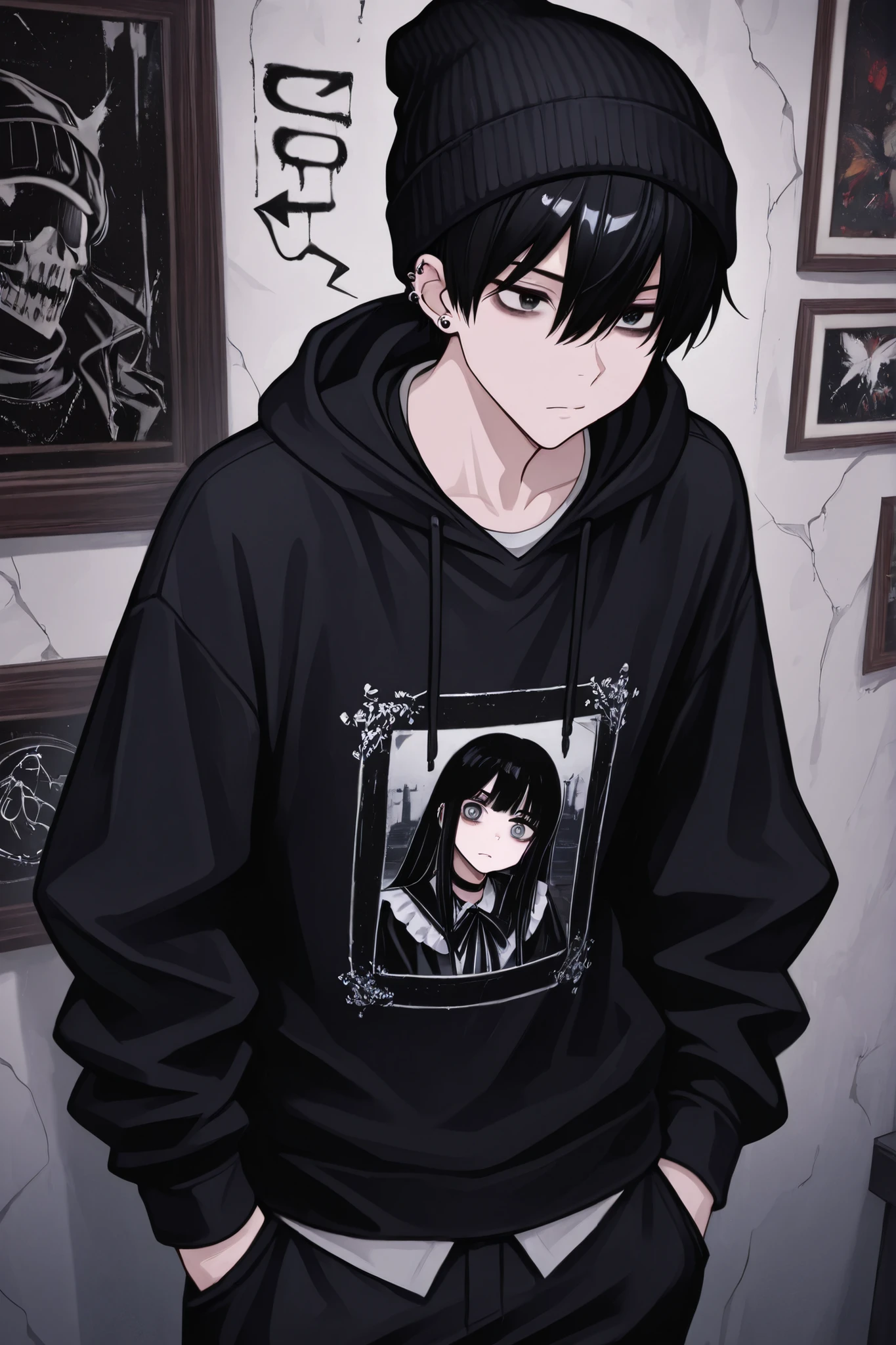 1girl, male focus, gothic male, black hair, piercings, beanie, masterpiece, best quality,absurdres , digital art style, drawn aesthetic, concept painting, ultrahigh definition,masterpiece, best quality, amazing quality, newest, very aesthetic,