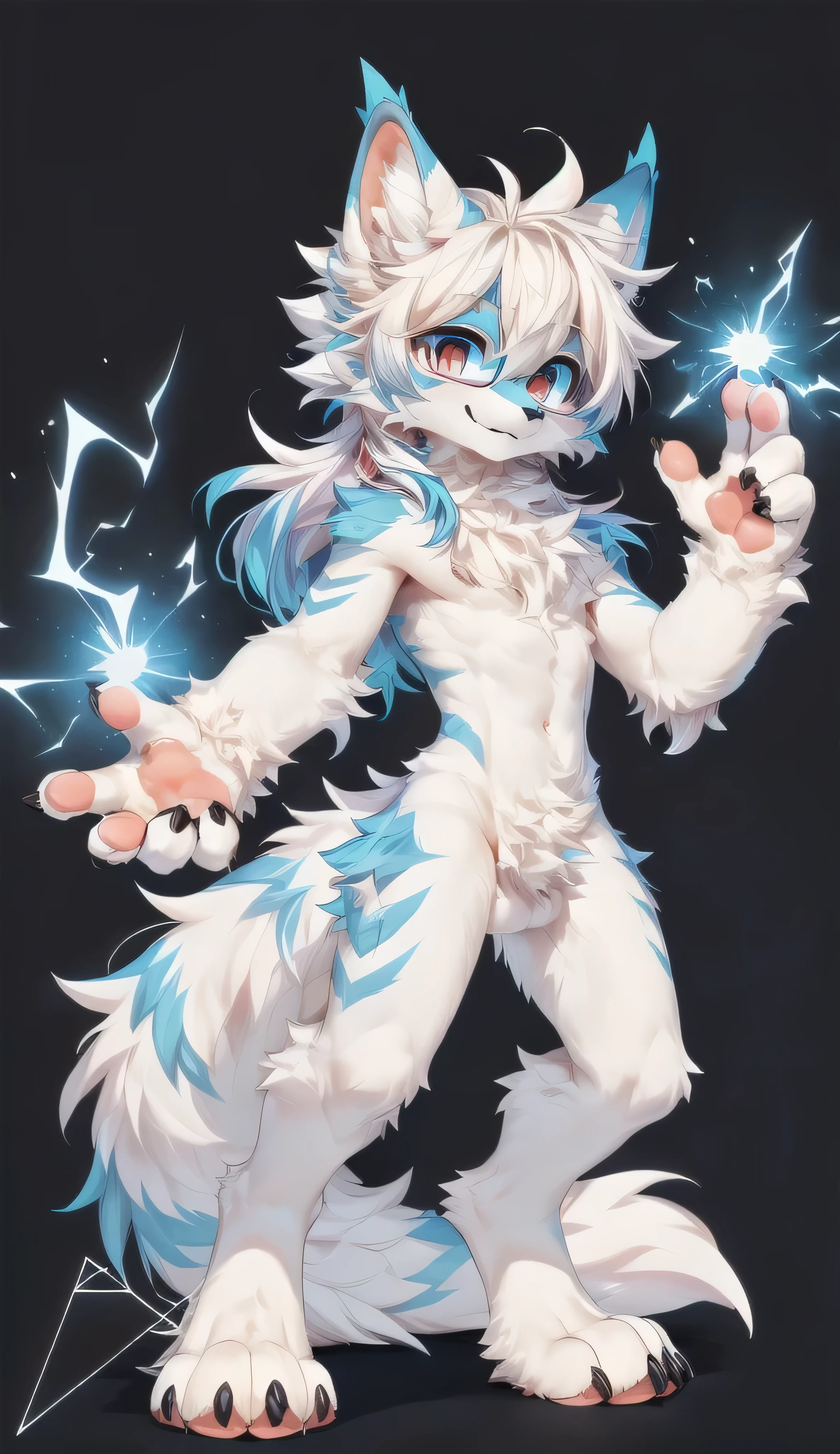 a young arctic fox and a wolf, male boy,（cat dog wolf face，短吻部）portrait , Extremely detailed face and facial features , boy Beautiful blue eyes and ears , Fluffy white fur , 18-year-old, white 人类 body , furry white tail，,all body white hair,white big balls,black glasses,，在沙坐着，背后森林，阳光充沛, ((杰作))全身shot 
