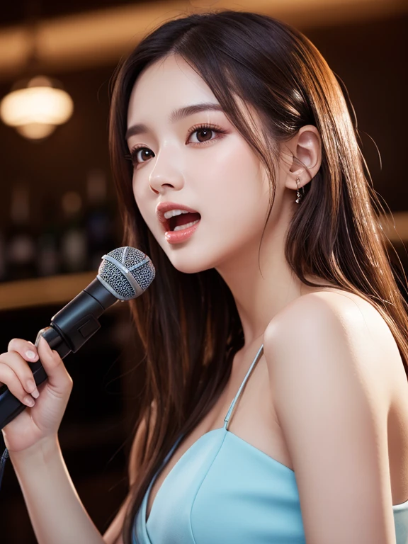 (masterpiece:1.3), high resolution, ultra detailed, extremely detailed CG unity 8k wallpaper, realistic, photo-realistic, RAW photo, beautiful detailed face, pale skin, realistic glistening skin, detailed cloth texture, detailed hair texture, Perfect body, Beautiful Face, accurate, Anatomically correct, Highly detailed face and skin texture, natural neck length, (beautiful hands), (fair skin:1.1), (well-aligned teeth:1.1), (Sweaty skin:1.2),
BREAK,
Detailed eyes, symmetric eyes, Light Brown eyes, Double eyelids, Thin eyebrows, (Glossy lips:1.4), ((A face with waiting for a kiss:1.2)), (blush:1.1), (A sparkling small hair accessory:1.1), (beautiful smile:1.1), (having microphone:1.3),
BREAK,
(A classy and Cute 14歳のジュニアアイドル:1.3), (nude, nsfw, nipple:1.4),
BREAK,
small breasts, slender figure, firm abs,
((half updo, black hair, bangs:1.2)), (cowboy shot:1.2), (looking at viewer), cowboy shot, From above,
BREAK,
(singing on stage:1.3),