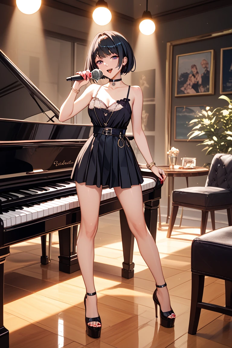 (masterpiece, best quality:1.3), REExcellaGionne, 1girl, solo, breasts, looking at viewer, brown hair, black hair, dress, cleavage, bare shoulders, jewelry, medium breasts, sitting, pantyhose, earrings, necklace, bag, hair bun, high heels, bracelet, legs, no bra, crossed legs, instrument, handbag, anklet, piano, plunging neckline, <lora:notSoPerfect_ExcellaGionne:0.8>