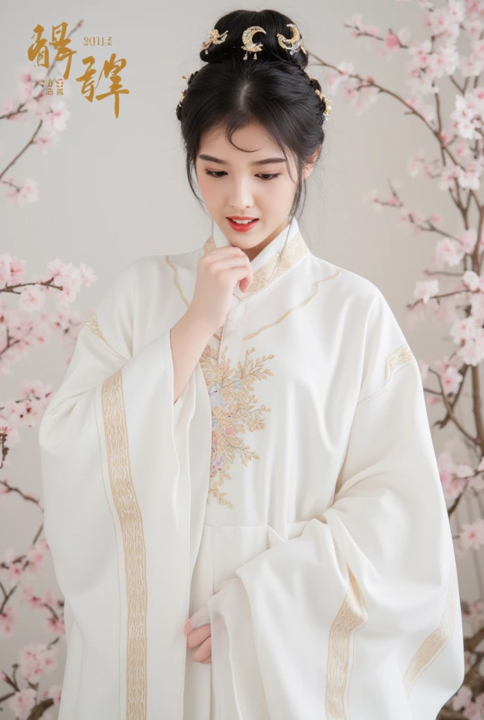 woman in white kimono sitting on steps with flowers in hand, white hanfu, hanfu, pale and coloured kimono, long beautiful flowing kimono, wearing simple robes, long flowing white robe, traditional chinese clothing, flowing white robes, flowing magical robe, dressed with long fluent clothes, wearing ancient chinese clothes, wearing a long flowing robe, classic kimono, wearing white silk robe