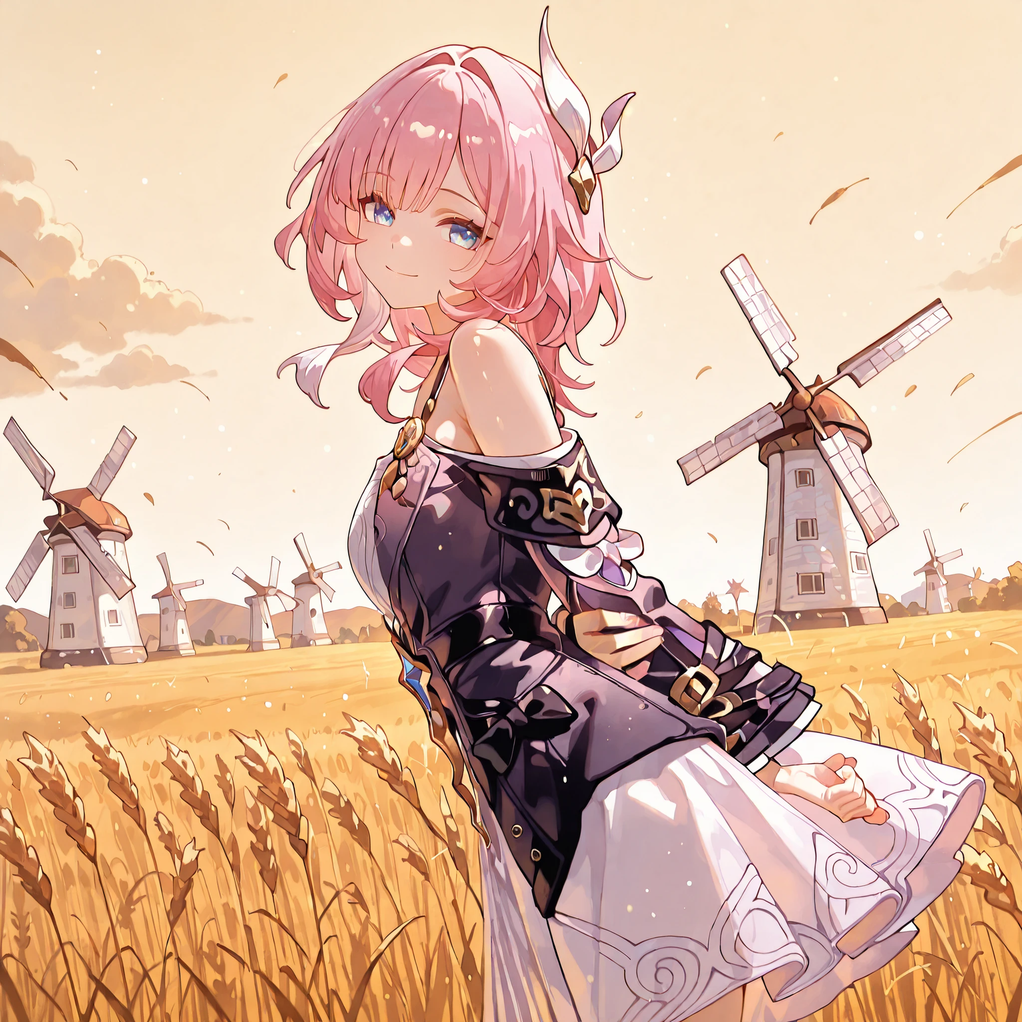 masterpiece, 1girl, rating:g, cyrene_\(honkai_star_rail\), cowboy shot, smiling, close mouth, long hair, arms_at_back, leaning_to_the_side, side view, head tilt, look at viewer, yellow sky, wheat field, windmill:0,7, (three_quarter_view: 1.2), (absurdres :1.3).
