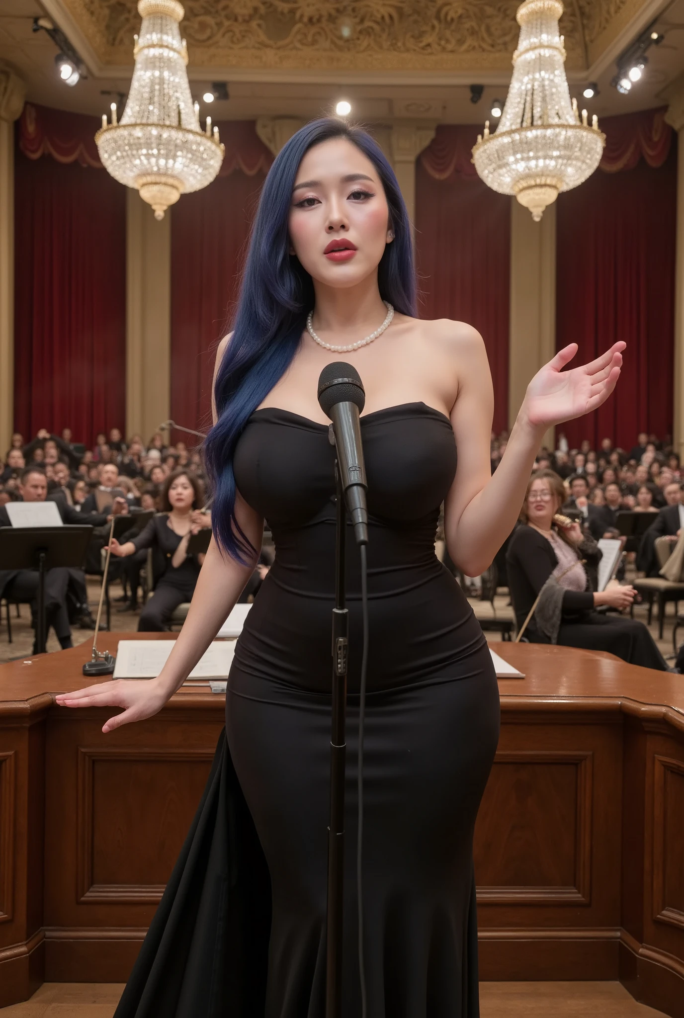 masterpiece, beautiful Japanese woman, elegant long  hair, red lipstick, smoky eye makeup, form-fitting black evening gown, pearl necklace, standing microphone, grand orchestra hall, dramatic stage lighting, spotlights, full symphony orchestra behind her, flowing dress fabric, passionate singing pose, parted lips, graceful hand gesture, crystal chandeliers, velvet curtains, golden ornate ceiling, polished wooden stage, sheet music stands, conductor in background, emotional performance, intimate atmosphere, soft stage fog, dramatic shadows, concert hall acoustics, vintage microphone details, glamorous styling, musical performance lighting, cinematic composition, hyūga Hinata, Dark Blue Hair, White Eyes