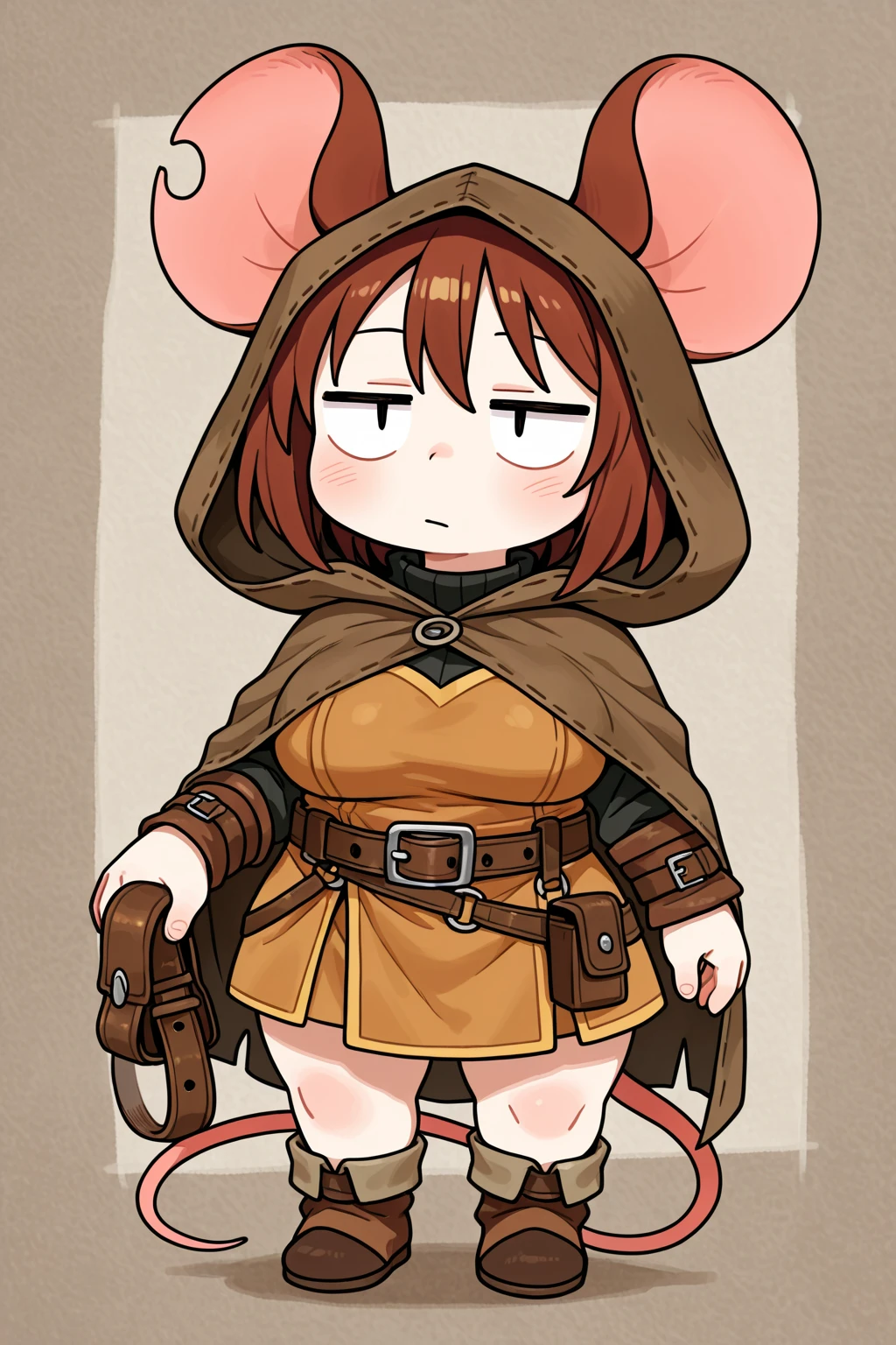 (bunny), solo, young, cub, chibi, brown fur, ((fluffy brown hair)), (brown bunny ears), brown eyes, snout, feminine face and body, black ((assassin armor)), black hood up, adventurer equipment, harnesses, wide hips, (bulge), stocking armor, up close, standing, dark dungeon, dark room, Very good figure, extremely detailed, cinematic lighting, volume lighting, masterpiece, best quality