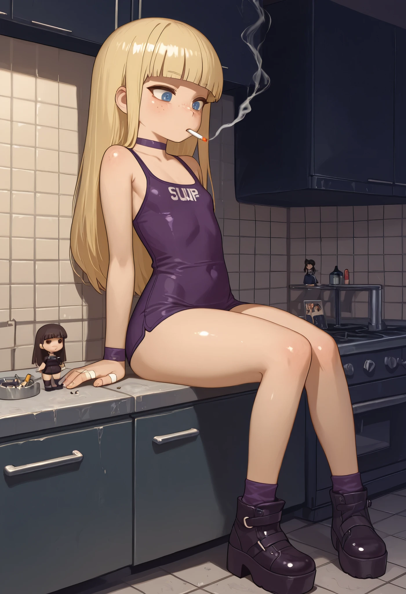 Pacifica Northwest, flat breasts, flat chest, skinny, huge hips, long hair, blonde hair, choker , | score_9, score_8_up, score_7_up, faux figurine, nendoroid, full body, figure, platform, solo, Anime, 1girl, masterpiece, best quality, high quality, high resolution, highres.|| HDR, 8K, masterpiece, best quality, amazing quality, very aesthetic, ultra-detailed, absurdres, newest, realism, kitchen, Night lighting, detail eyes, Sitting, cigarettes, ashtray, smokes, Holds cigarette, freckles, bandaids on fingers, BREAK, beautiful detailed eyes, detailed skin, detailed hair