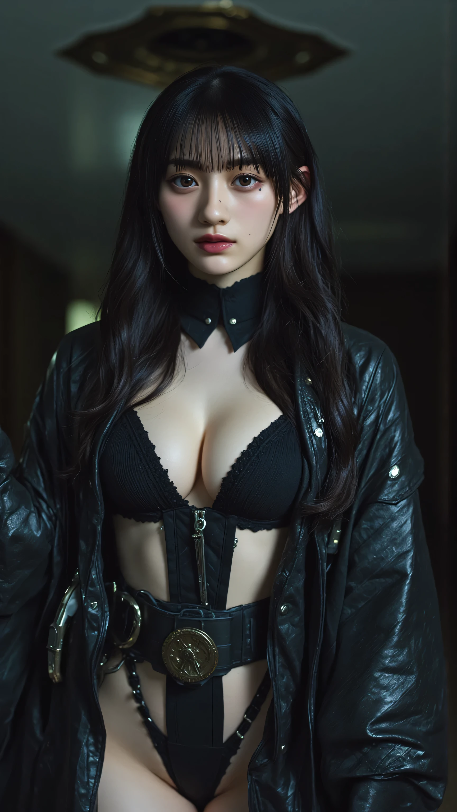 best quality, Masterpiece, Ultra high resolution, (realistic:1.4), raw photos, 1 girl, Waist up, sit, deep shadow, Dark theme, Take off your shirt.