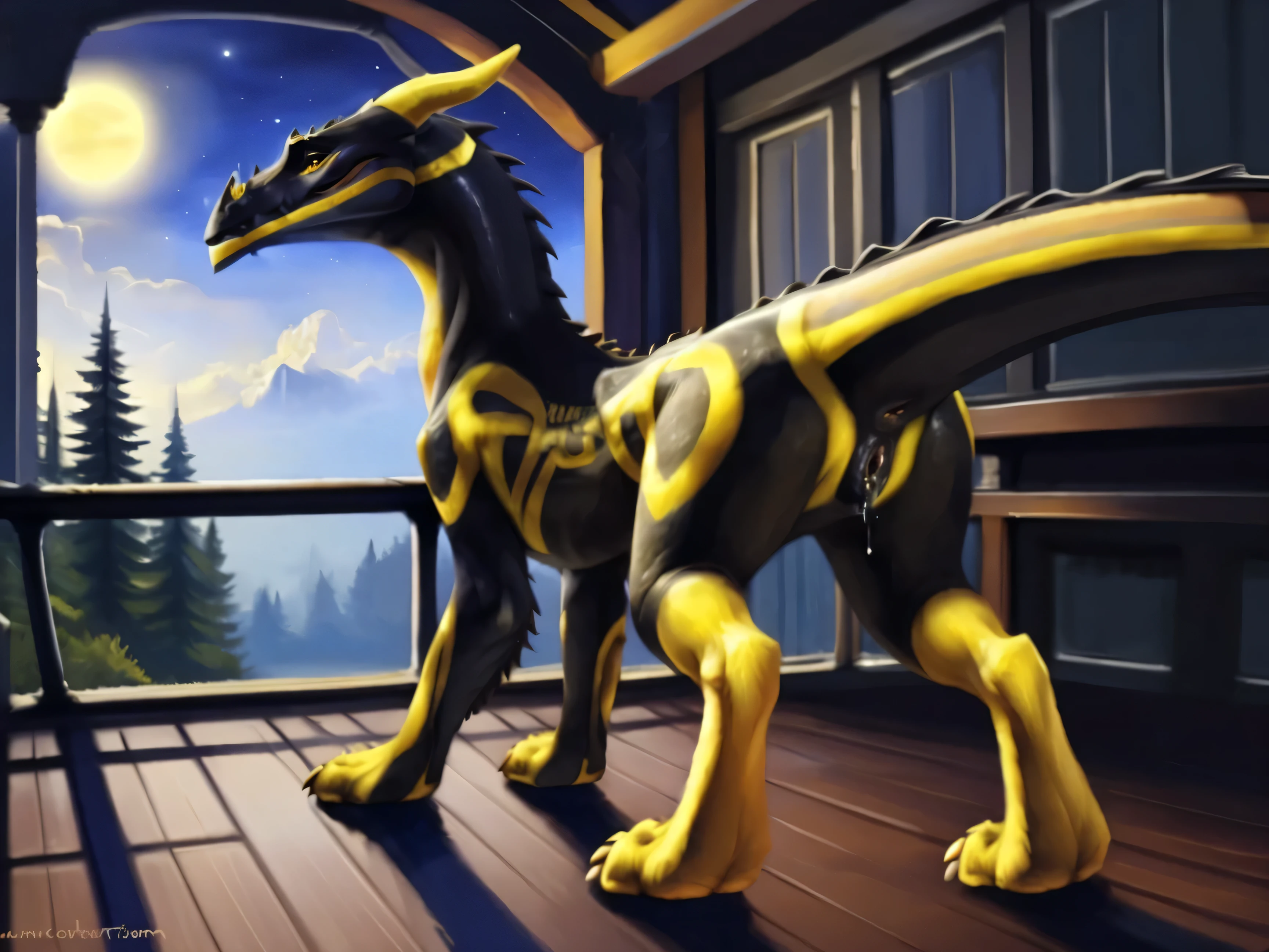 Dragon Booster Beau, a beautiful and detailed portrait of a big female feral, quadruped , dragon , Beau , solo , highest quality, extremely detailed, 4k, 8k, amazing quality, full body, masterpiece, detailed face, perfect face, perfect eyes perfect ass, perfect genitals, dynamic pose, Beau standing on 4 legs, butt facing to viewer, blushing, wet pussy, extreme detail, looking at viewer seductive, anus, raised tail, rear pointing at viewer, extreme detailed pussy, wet pussy, dripping wet pussy, seductive, feral, best quality, shaded, extreme detail, highly detailed, ultradetailed, intricate, realistic, detailed background, night, old stableroom wood floor, shaded, detailed, hi res, realistic, photography \(artwork\), Dragon booster beau, wide Body, black and gold Dragon,standing on 4 legs, butt pointing at Viewer, pussy and Anus, detailed Vagina, (by kenket), by ross tran, by michael & inessa garmash, by pino daeni, by isvoc, by kiguri, by alena aenami, by ruan jia, (by zenthetiger, by wolfy-nail), by Enki Bilal, by drmax, photorealism,