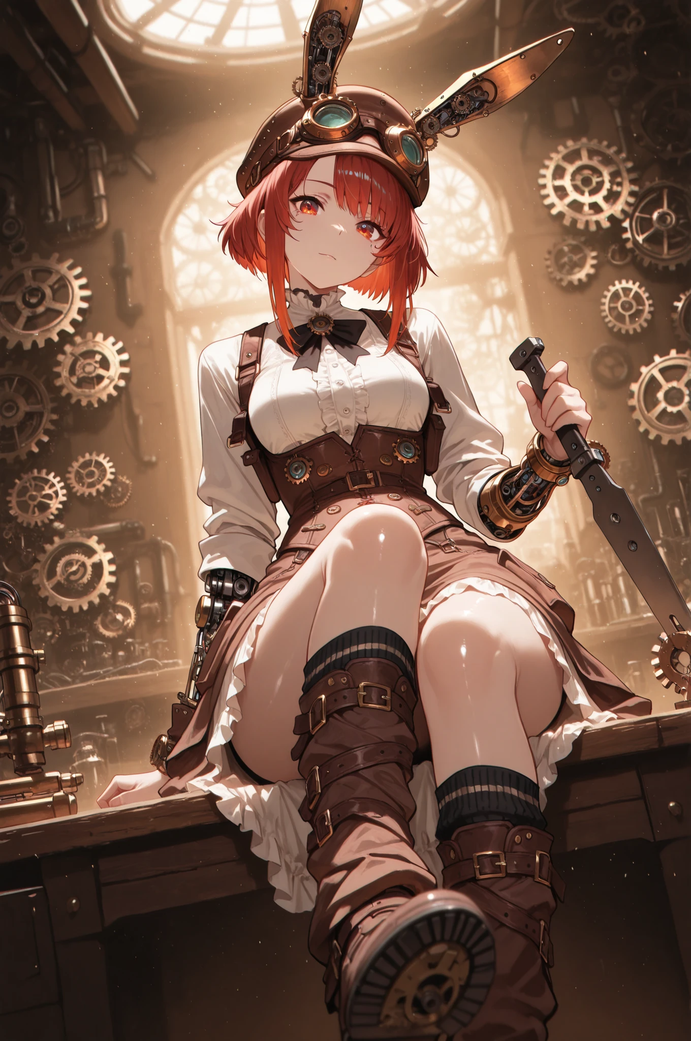 1girl,solo,Inside the workshop,shiny_skin,looking_at_viewer,depth of field,(best quality, hires, masterpiece:1.3),Steampunk,Victorian but cyberpunk-inspired corsets,layered long skirts with layers of different lengths and silhouettes of rabbits and clocks,functional artwork waistcoats with numerous pockets and loops,lace and frills in high-tech materials that mimic arm and leg warmers with designs,goggles on headwear,headpieces made of gears and mechanical parts that look like mechanical rabbit ears,decorative chokers,and boots with kneehighs,smart soles to aid grip,chromatic_aberration,overexposure,cinematic_angle,upper body