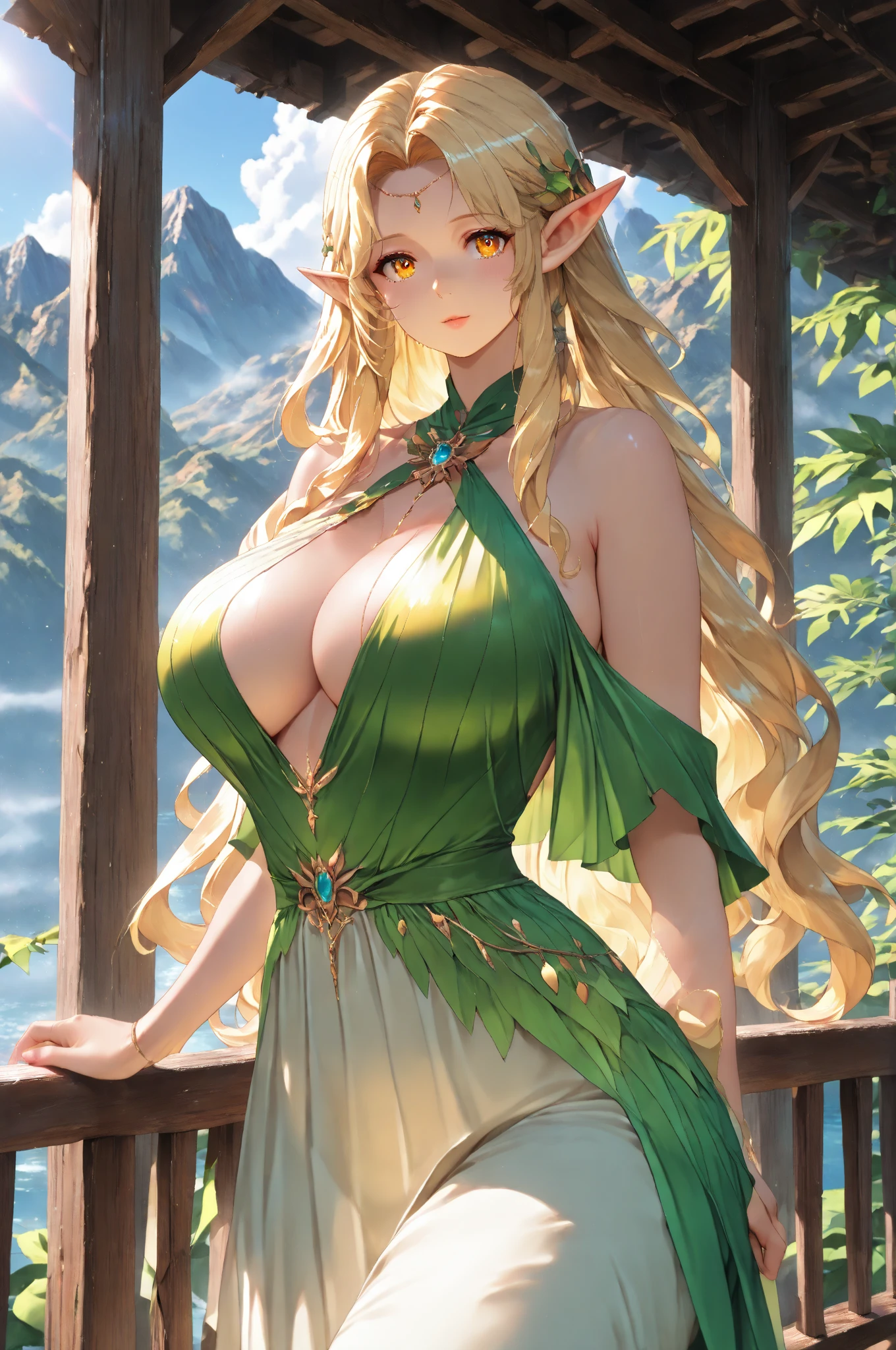 big breasts (masterpiece), ((beautiful elf)) ((long multicolored hair)) best quality, expressive eyes, perfect face, beautiful and enchanted forests, bathing stream transparent water