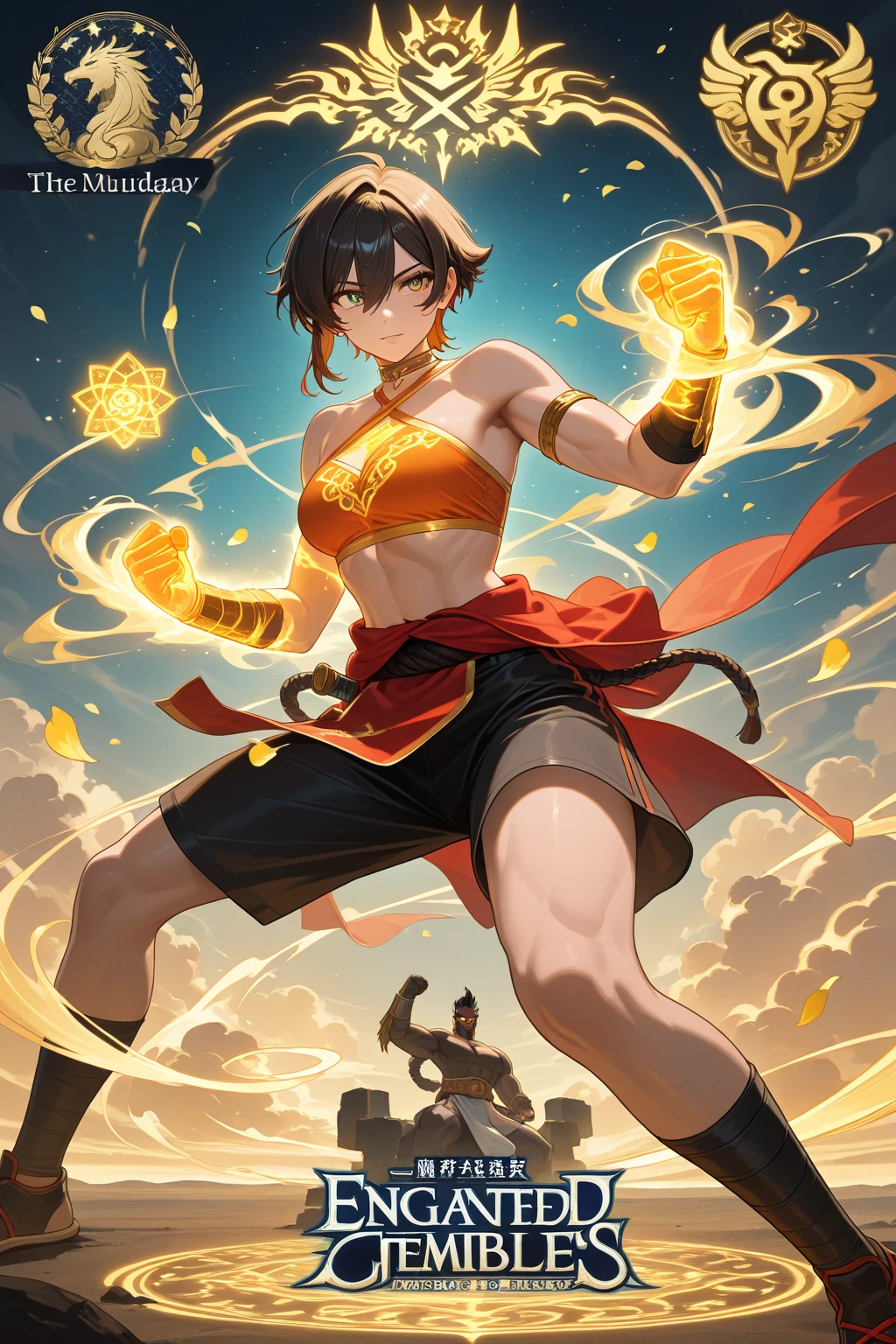(Masterpiece), (High Definition), 8K, Thai Kickboxer Light Dance, Floating in the Sky, Dark Skin, Muscular, Innocent, Well-groomed Rugged Face, Free Pose, Sexual Appeal, Gloves on Both Hands, Tank Top, Trunks, Flowing Bandana, Crimson Bracelet, Tree Leaf Necklace, Tattoos, Shiny Skin, Loincloth Shorts, (No Bra), Exposure, Jewelry Ornament on Arms, Knee kicks, medium chest, sheer, navel, shoulder, neck, collarbone line, arm ring ribbons, bracelets, anklets, pyroxene chain tassels, around the belly, (((strip dance)), (boxing rings, spectators, spotlights,), ink wash, popular CGSTATION, masterpieces, recent quality, high resolution details, 32K