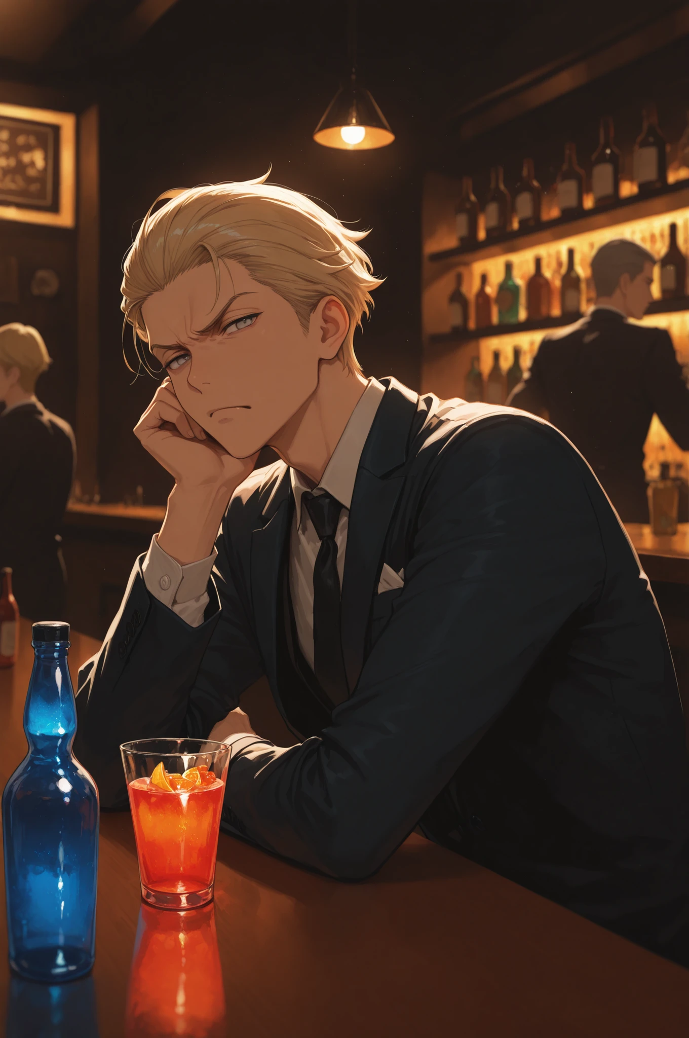 A Man,Hardboiled Novel Detective,in 1930's,42 year old,middle age,Blonde hair,short-cut,grey eyes,V-shaped eyebrows,chin raised,(head rest),scowl,(at bar),(Colorful bottles lined up on the counter:1.5),(indirect lighting, bottles),(lounging, Dark bar),(cocktails:1.2),(Bar counter:1.3),(Luster),depth of field,chromatic_aberration,masterpiece,best quality,very aesthetic,absurdres,newest,ai-generated,realistic,