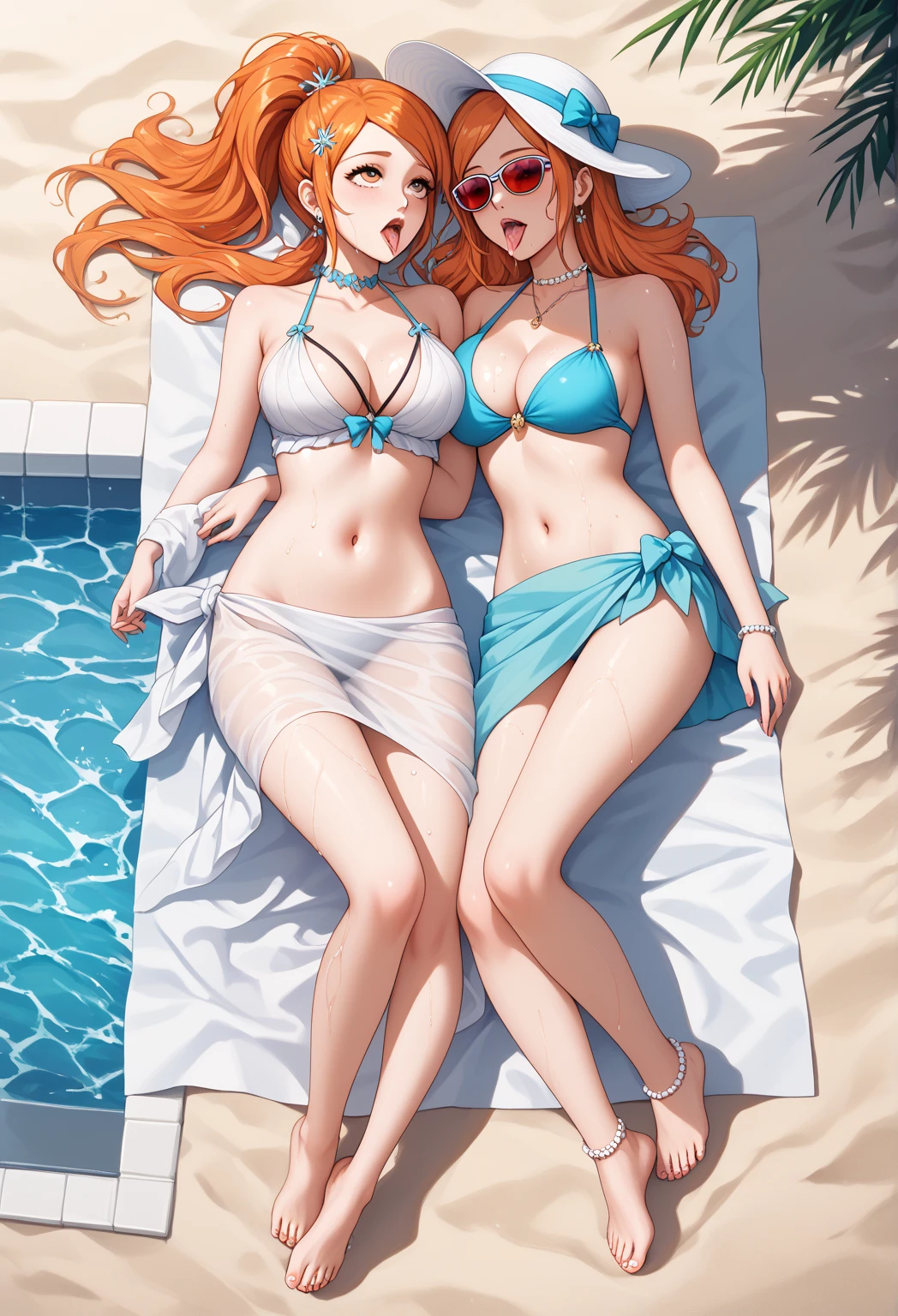 (masterpiece, best quality:1.3), 3 girl, large breasts, on marvelous beach, sun, completely naked, fully naked, nipples, pussy, female idol girls, tan brand, cuddle couple, playing, hair styles, colored hair, colored eyes, smile, split mouth, pretentious face, standing, sweat, wet,