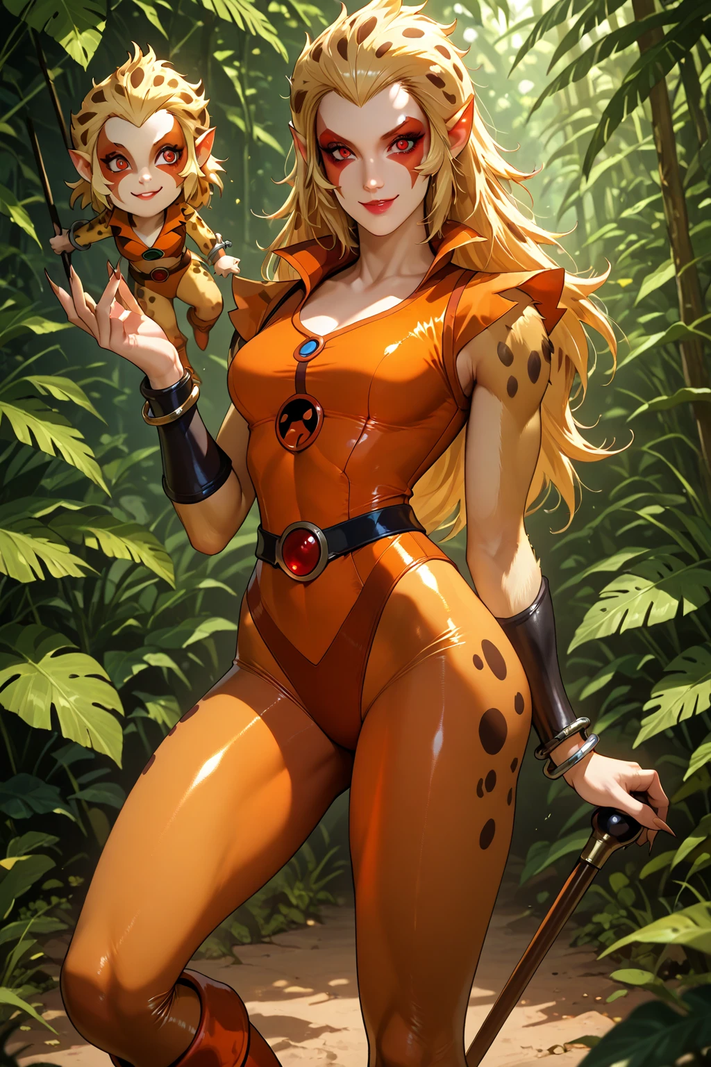 ((masterpiece)),((best quality)),((absurdres)),((ornate)),<lora:cheetara_v50:0.9>,close-up,(straight-on),dynamic_pose,Thundercats_cheetara,aiwaifu,Thundercats_chr_face,blonde_hair,breasts,makeup,lipstick,lips,long_hair,large_breasts,leopard_print,animal_print,cat eyes,jewelry,collarbone,red_lips,abs,muscular,tattoo,colored_skin,orange_eyes,polka_dot,thick_thighs,thighs,orange_bodysuit,weapon,cleavage,wristband,bare_shoulders,bracelet,orange_leotard,tank_top,bodysuit,boots,toned,curvy, narrow waist, solo,mature_female,looking_at_viewer,indoors,east asian architecture,tatami,cherry blossoms,onsen,petals,lantern,leaf,water,shouji,backlighting,light_particles,blurry_background,colorful,(highres),(ornate_clothes),(dappled_sunlight),(depth_of_field),(scenery),(realistic),(masterpiece),