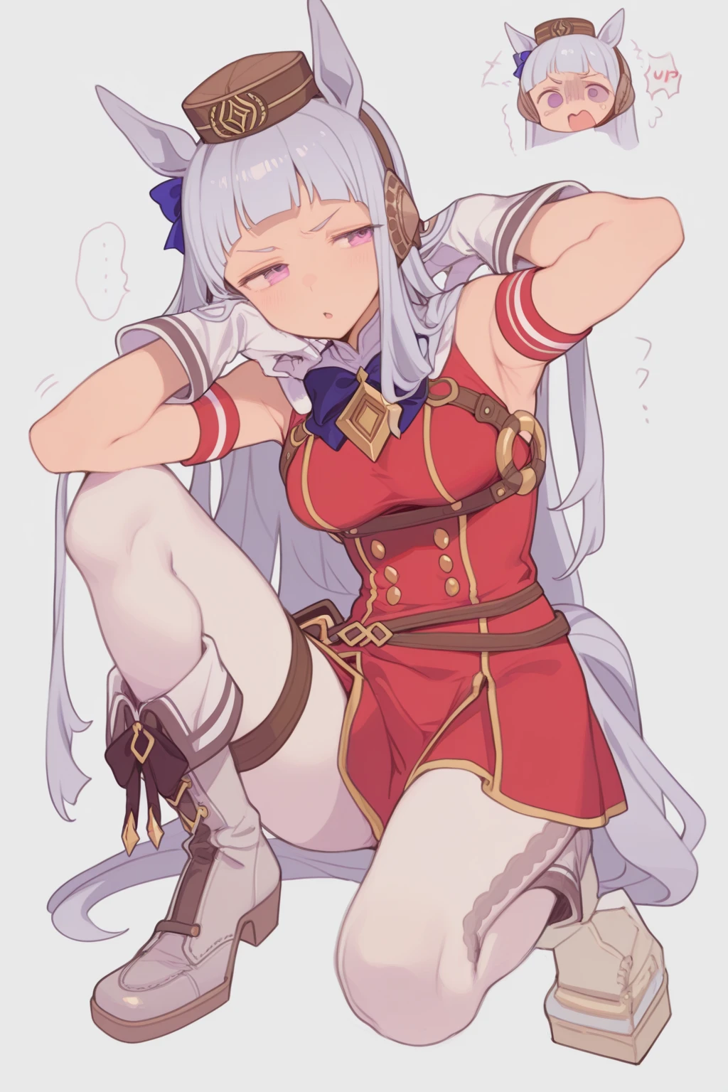 Dark color depiction、(masterpiece, highest quality:1.2), alone, One girl, umpd gold ship, pillbox hat,White Dress,No sleeve, White Pantyhose, White gloves、boots, Horse tail,、grassland、Nature、blush、Close your eyes and scream、Sweat、summer、Leg spread、Spread your legs、sit、(Huge breasts:1.4)、Underwear is visible、Clothes are see-through、Pantyhose bite、See-through pantyhose、See-through pussy、Overflowing large amount of love juice、Thick