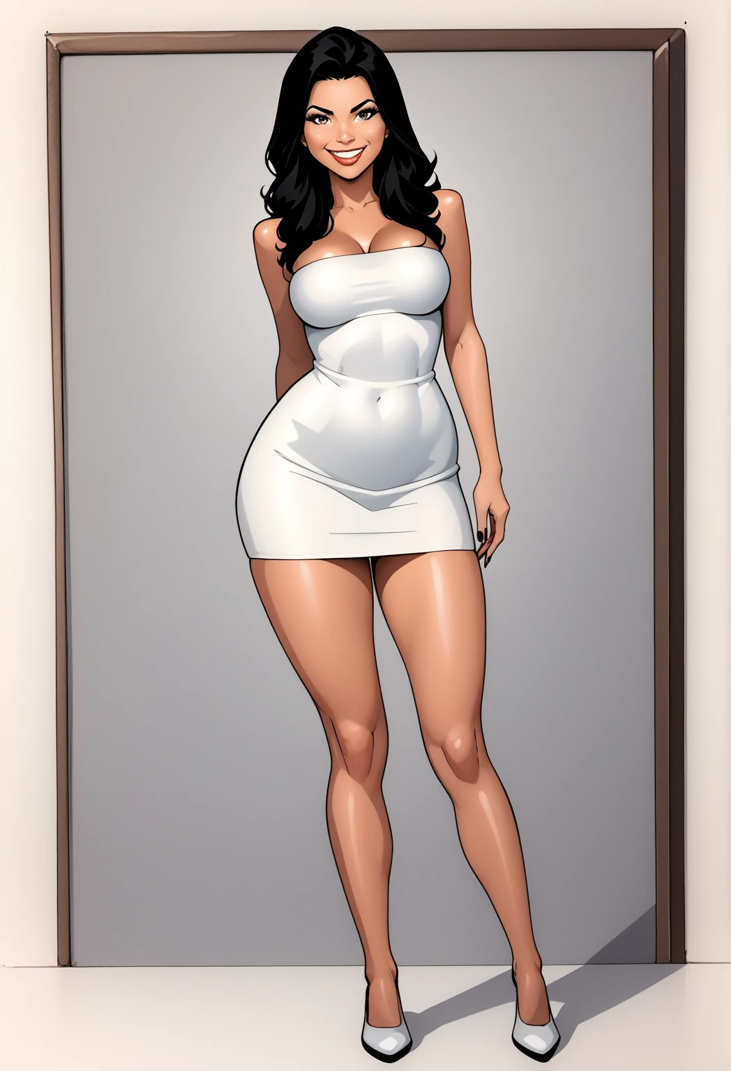 ((masterpiece)),(((best quality))),((character design sheet)), ((full body view)) illustration,1girl, thick thighs, ((detailed face:1.4)) Just the right kind of 14-year-old japanese sunburn pregnant kuro Gyaru pregnant for promiscuous sex friend, rough sketches, between breasts,big breasts,wearing an short apron without any clothes on and necklace,hair accessories,seductive grin smug,solid color backdrop, clean backdrop,
