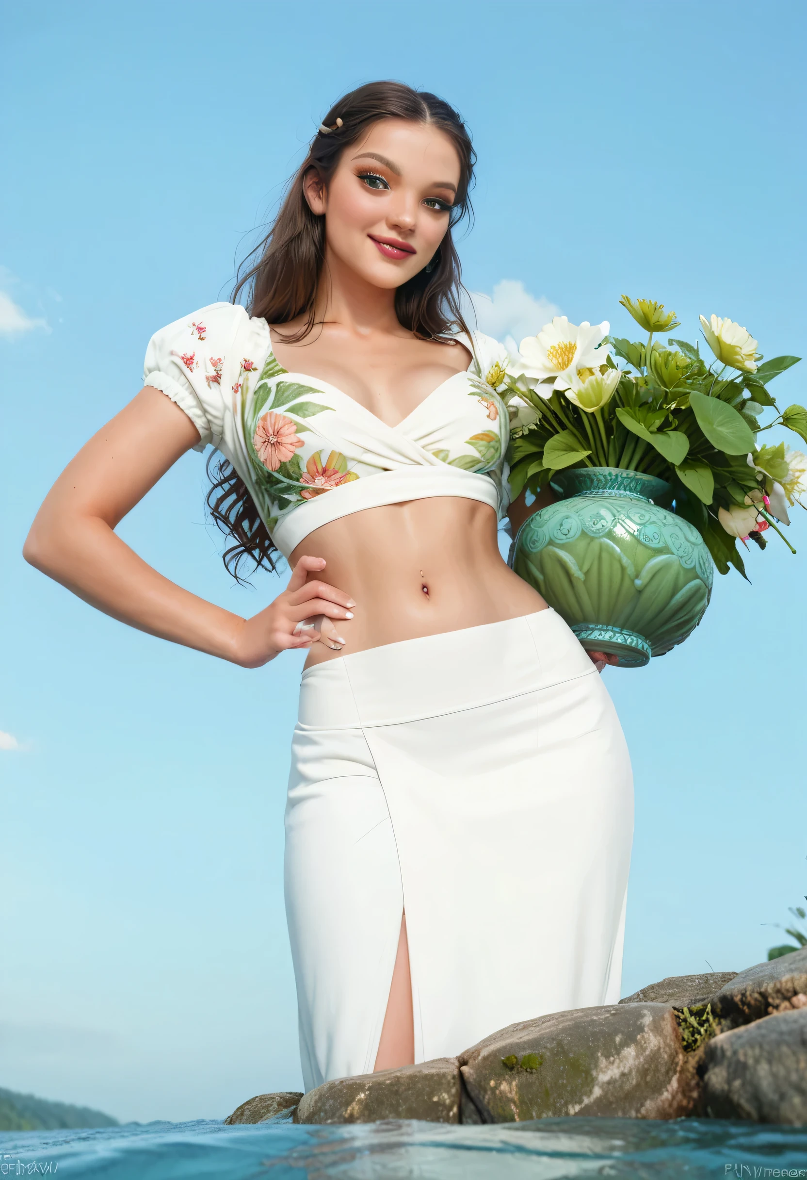 foxy di in white sari holding a green vase on a wall, navel, movie stills photography, movie stills, water to waist, waist - shot, , tummy, her belly button is exposed, belly button showing, tinyest midriff ever, very crisp details, print ready, awardwinning movie still, in lake, with a thin waist, midriff