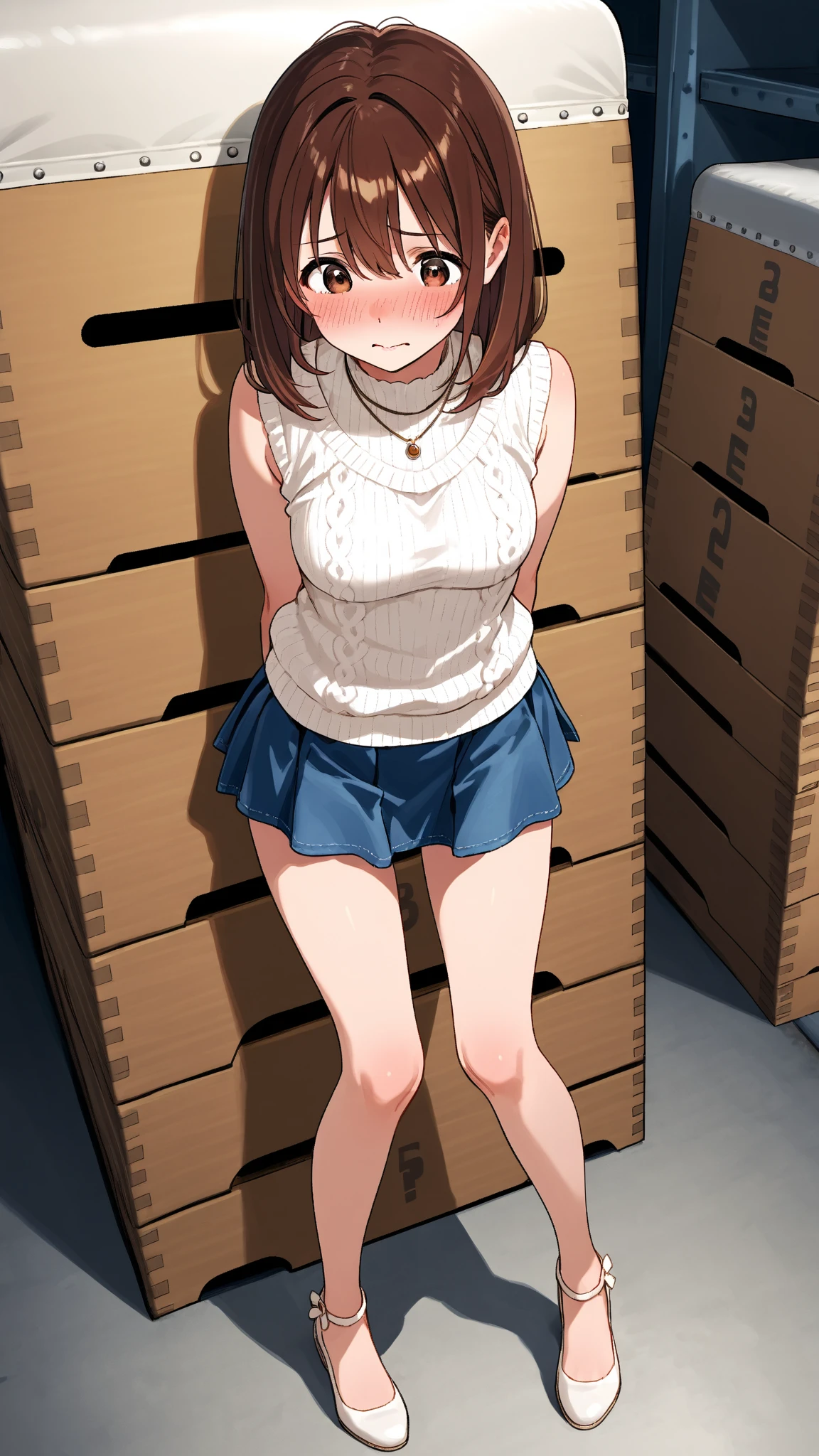 (masterpiece, best quality:1.2), illustration, 8k, hd, 1girl, solo), long hair, single braid, shigure, ahoge, brown hair, blue eyes, braid, hair ornament, hair over shoulder, long hair, single braid, hair flaps, gym storeroom, White sneakers、Spread your legs、 Clenched fist、 good, Wet, From below、topless、Small breasts、sit、Embarrassing、Knee Up, gym storeroom