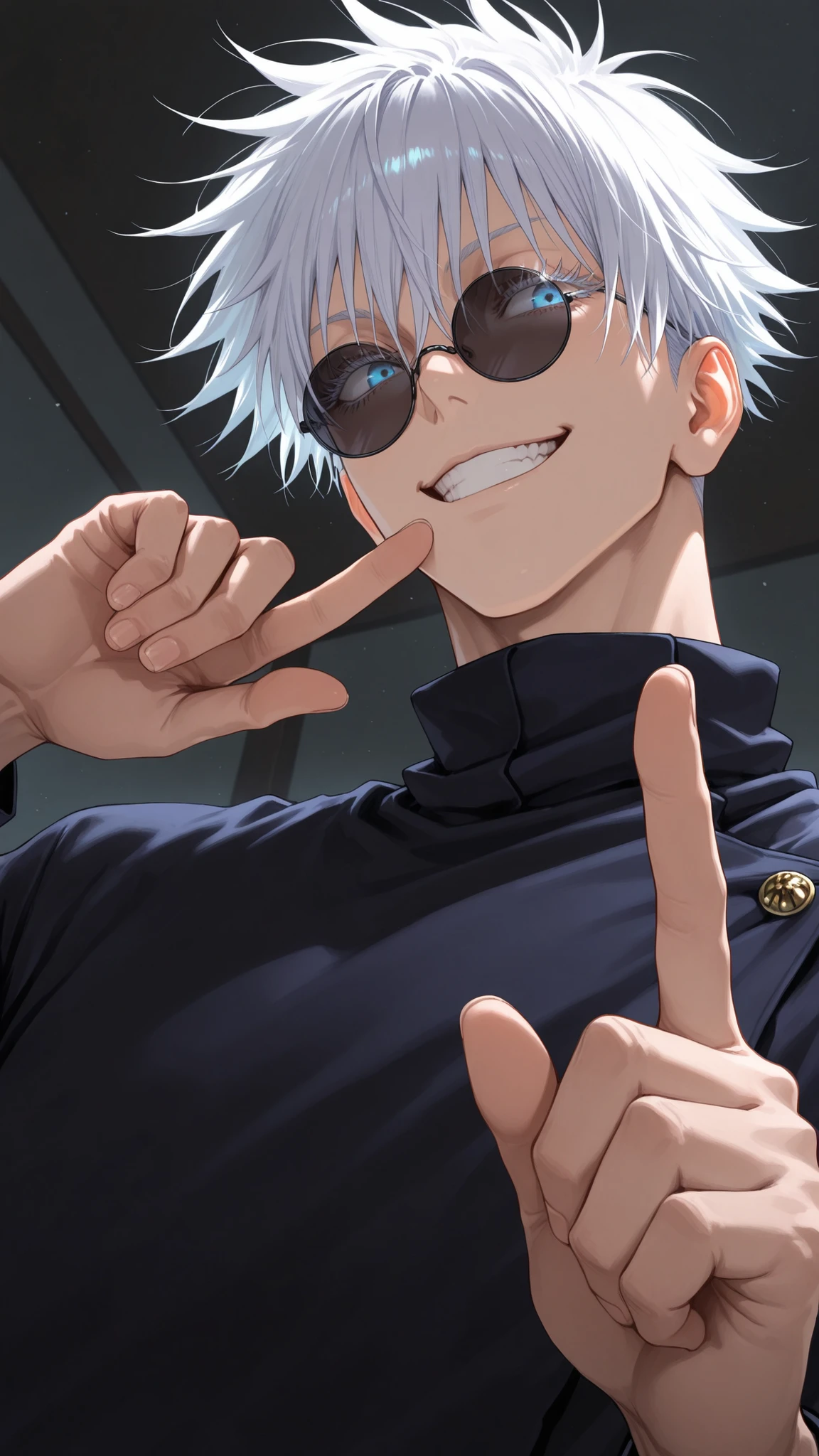 masterpiece,best quality,1boy,elder,male focus,gojou satoru,jujutsu kaisen,blue eyes,eyelashes,sunglasses,round eyewear,short hair,hair between eyes,grin,index_finger_raised,turtleneck,dutch angle,from_below,sideways_glance,