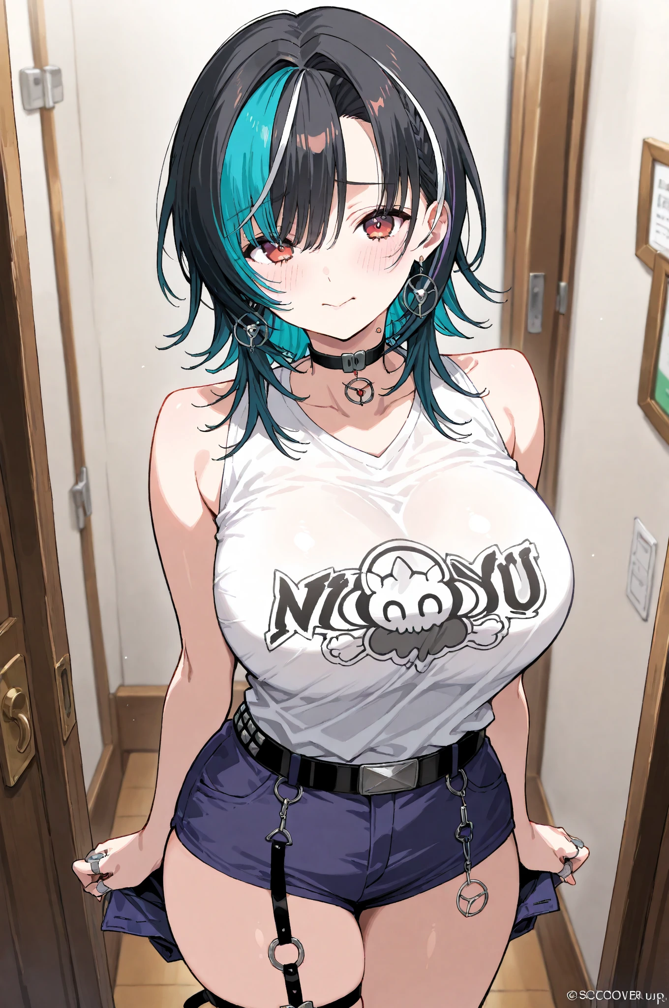 highest quality High resolution cute girl、outside the house、M字spread legs、rainbow colored hair、iridescent eyes、ponytail hair、big breasts、Plump figure staring at the viewer Japanese just the face Cherry blossom background spread legs Numerous full body tattoos Lots of scary big tattoos all over his body