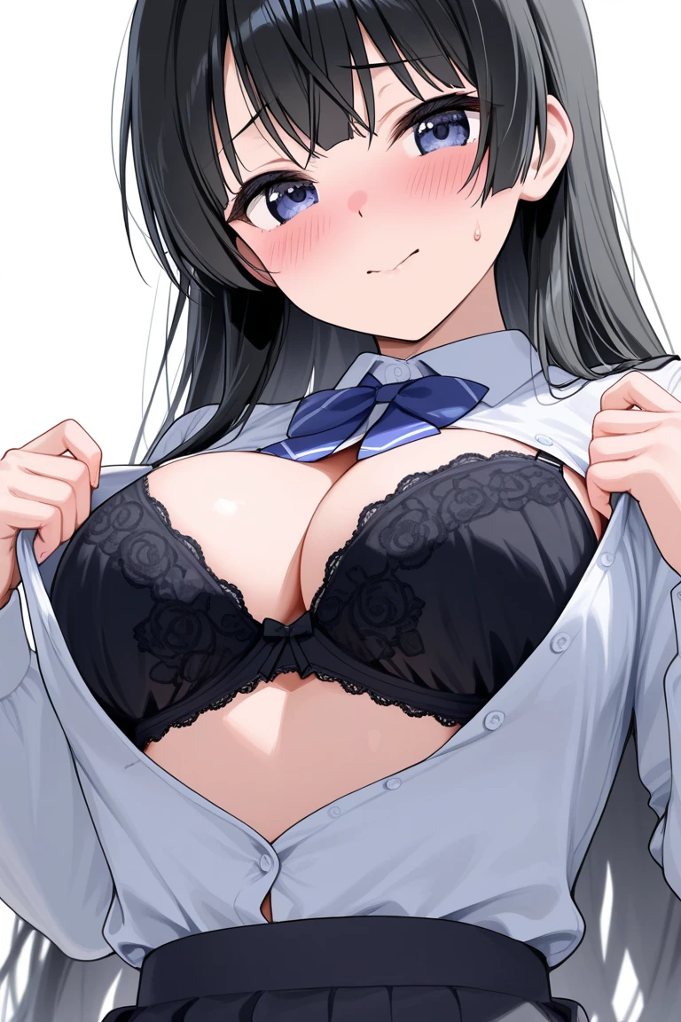 Junior high school student who looks like an elementary school student, 14 years old, very short, 140cm tall, black hair with a slight green tinge, short ahoge, beautiful long hair but with a little hair sticking out, beautiful round eyes, blue eyes, smile, boyish, long sleeves , thick clothes, skirt, big breasts, hair longer than waist, long hair, young face, dark greenish black hair, gentle smile, a little shy, skirt is black, hair is black but has a slight green tinge, boyish and gentle smile I have.(show off bra:1.5)