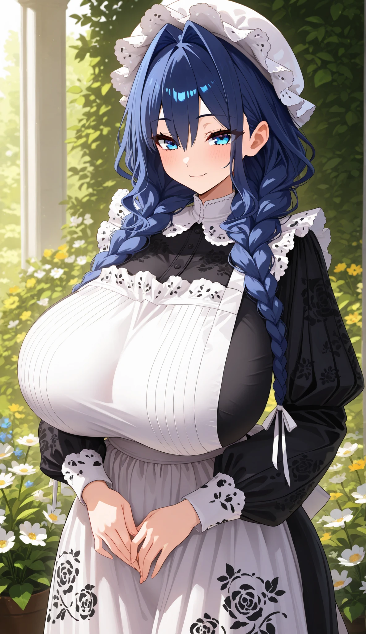 (SuperQuality:1.0),(masterpiece), amazing quality, high resolution, expressive face,smooth,4k,beautiful eyes,gigantic breasts, curvy,thick thighs,venus body, voluptuous body,Kr0niiM4id, blue eyes, blue hair, long hair, hair intakes, low twin braids, hair over shoulder, hair ribbon, white ribbon, white mob cap, puritan collar, long dress, black dress, frilled apron, white apron, embroidery, empire waist, long sleeves, light smile,at garden,flowers, looking at flowers