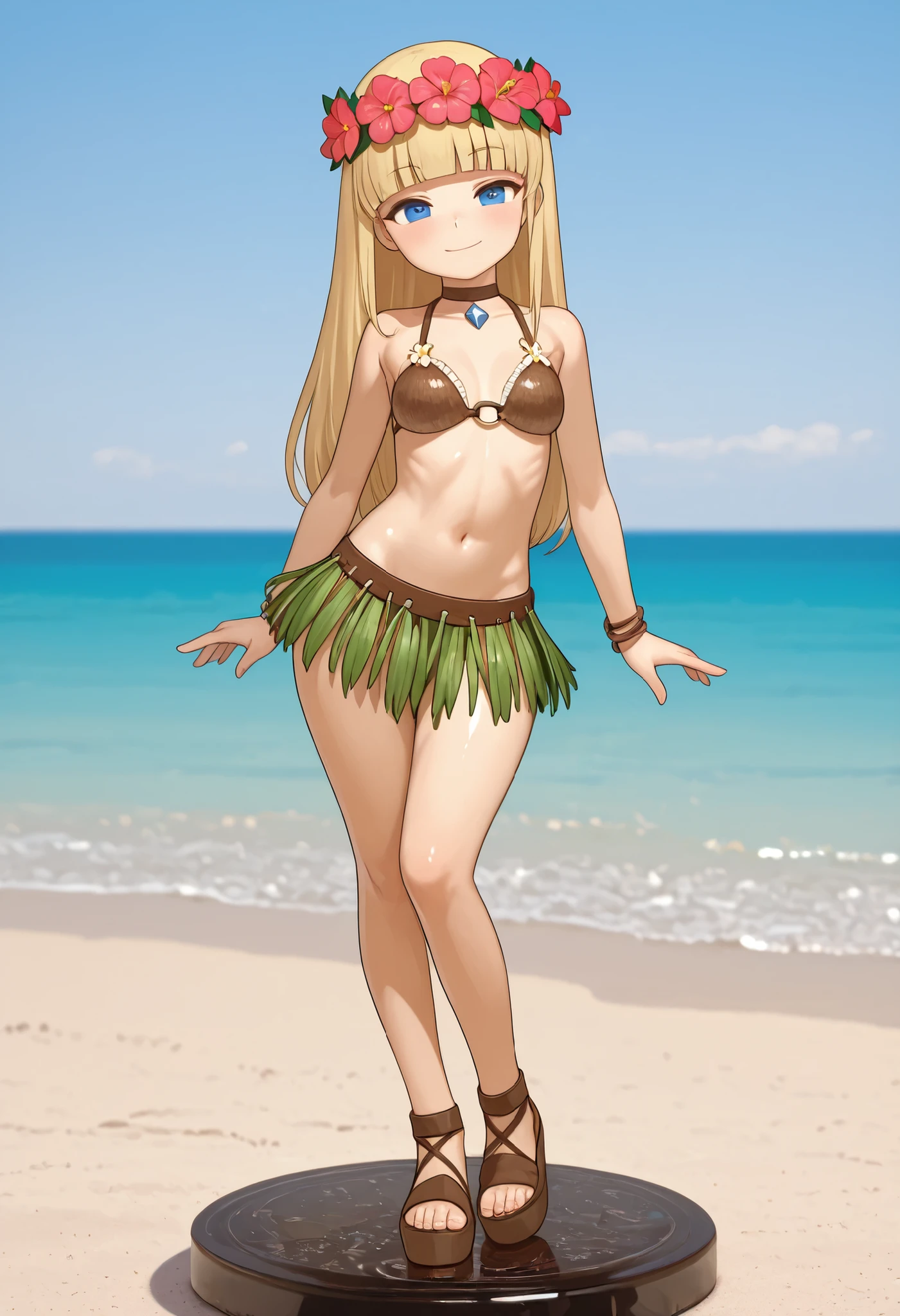 Pacifica Northwest, flat breasts, flat chest, skinny, huge hips, long hair, blonde hair, choker , | score_9, score_8_up, score_7_up, faux figurine, nendoroid, full body, figure, platform, solo, Anime, 1girl, masterpiece, best quality, high quality, high resolution, highres.|| masterpiece, best quality, amazing quality, 1girl, solo, flower crown, hawaiian hula dancer, coconut bra, short grass skirt, legs, smile, closed mouth, looking at viewer, standing, dancing, full body, beach, outdoors,