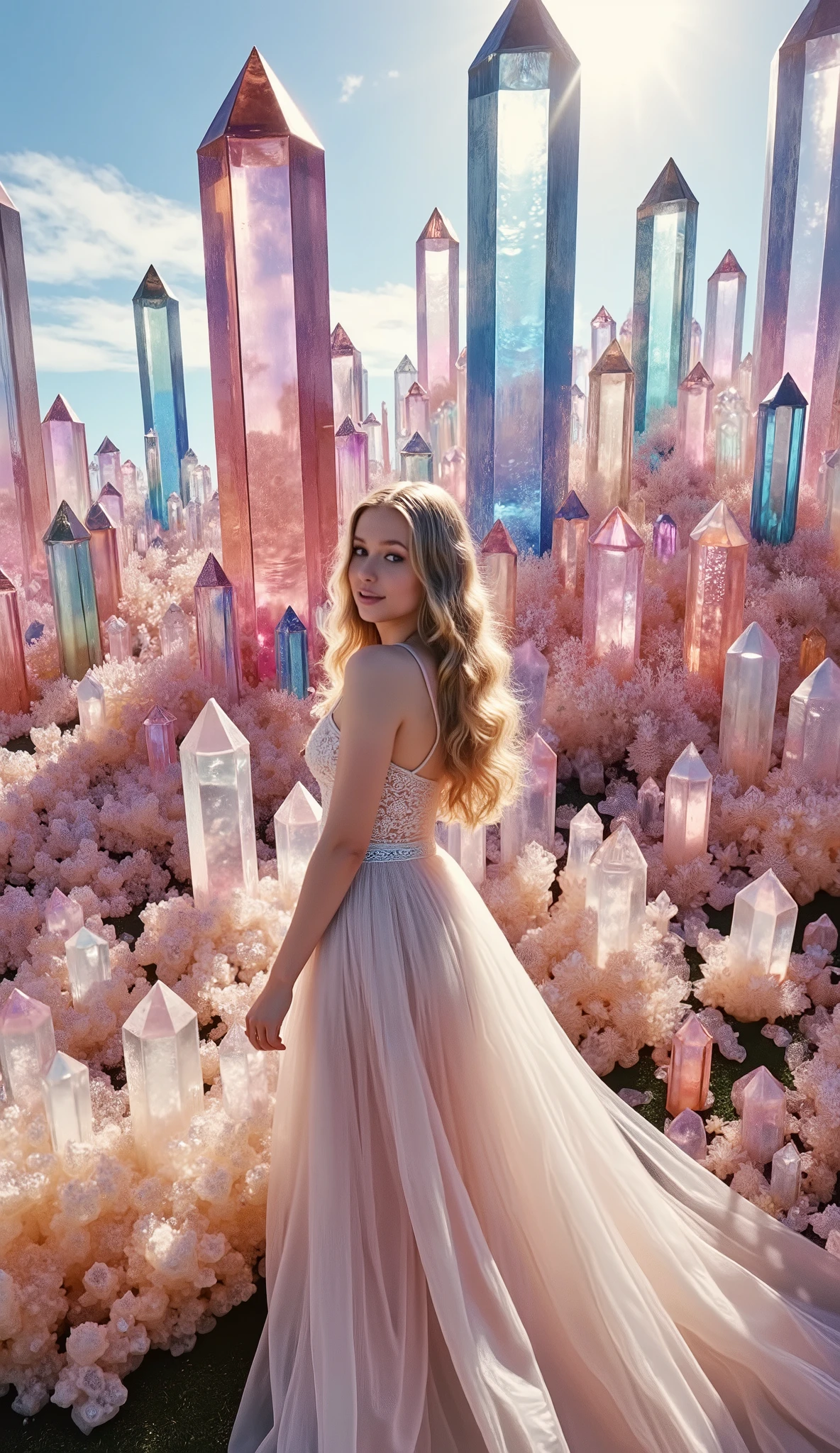Hundreds of translucent, partially see-through quartz crystals with a beautiful young woman with very long wavy hair and pale skin standing in front of them, smiling and facing the camera.
CRYSTAL ABUNDANCE:
- 500+ giant crystal points, each 20-30 feet tall
- Countless clusters forming dense crystal forests
- Hundreds of massive crystals protruding straight up
- Crystal matrices numbering in the thousands
- Endless fields of smaller crystals surrounding larger formations
- Overlapping crystal groups forming massive walls
- Crystal formations as far as the eye can see
DENSE CRYSTAL FORMATIONS:
- Massive crystal clusters packed tightly together
- Thousands of smaller crystals fill every space
- Layer upon layer of overlapping crystal formations
- Crystal gardens are densely packed
- Forests of crystal points rising from water
- Countless crystal specimens in every direction
- Crystal matrices create natural labyrinths
- dense crystal forests
- Hundreds of crystal points
- Dense crystal formations
- Thousands of crystals
COLOR SATURATION:
- Hundreds of translucent crystals with random colors and clear crystals in no particular order
- Clear quartz among different colored crystals
DENSITY DETAILS:
- No empty spaces between major crystals
- Crystal points emerging from every surface
- Dense crystal garden
- Crowded crystal peaks create a skyline
- Countless crystal faces catching light
TECHNICAL CAPTURE:
- Perfect clarity showing translucent crystals
- Multiple depth layers of crystals
- Golden hour lighting on countless faces
- Sharp focus on endless crystal points
- Natural color balance across a massive scene
Ultra-realistic, photo-realistic, ultra-detailed, insane 3D realism, cinematic photography, cinematography, full focus, UHDR, highres, startling, stunning, Awe-Inspiring images, icon style, intricate details, sharp focus, vivid colors, ultra-crystalistic, Photorealism, hyperrealism, surrealism, aesthetically incredible, fluorescent colors, very bright, professional masterpiece